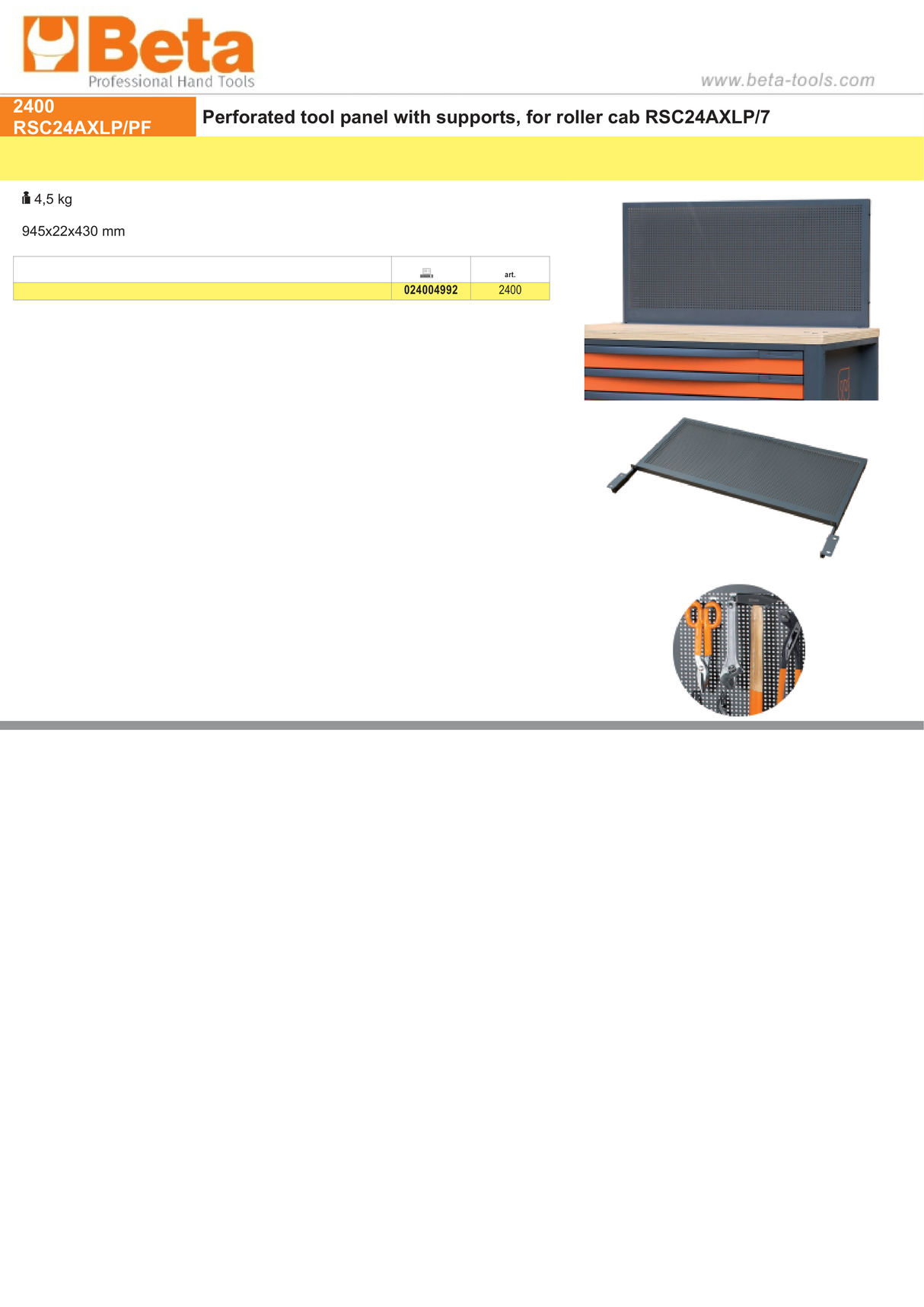 Perforated Tool Panel with Supports for Roller Cab RSC24AXLP/7 - Beta Tools 2400 RSC24AXLP/PF - Image 4