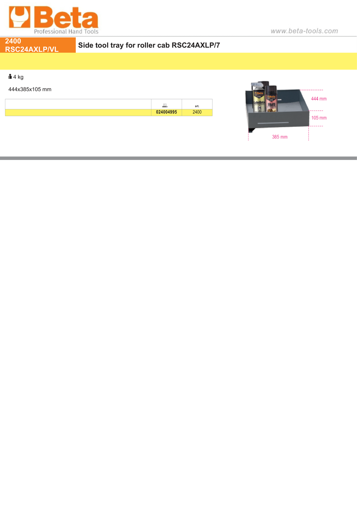 Side Tool Tray for Roller Cab RSC24AXLP/7 - Beta Tools 2400 RSC24AXLP/VL - Image 2