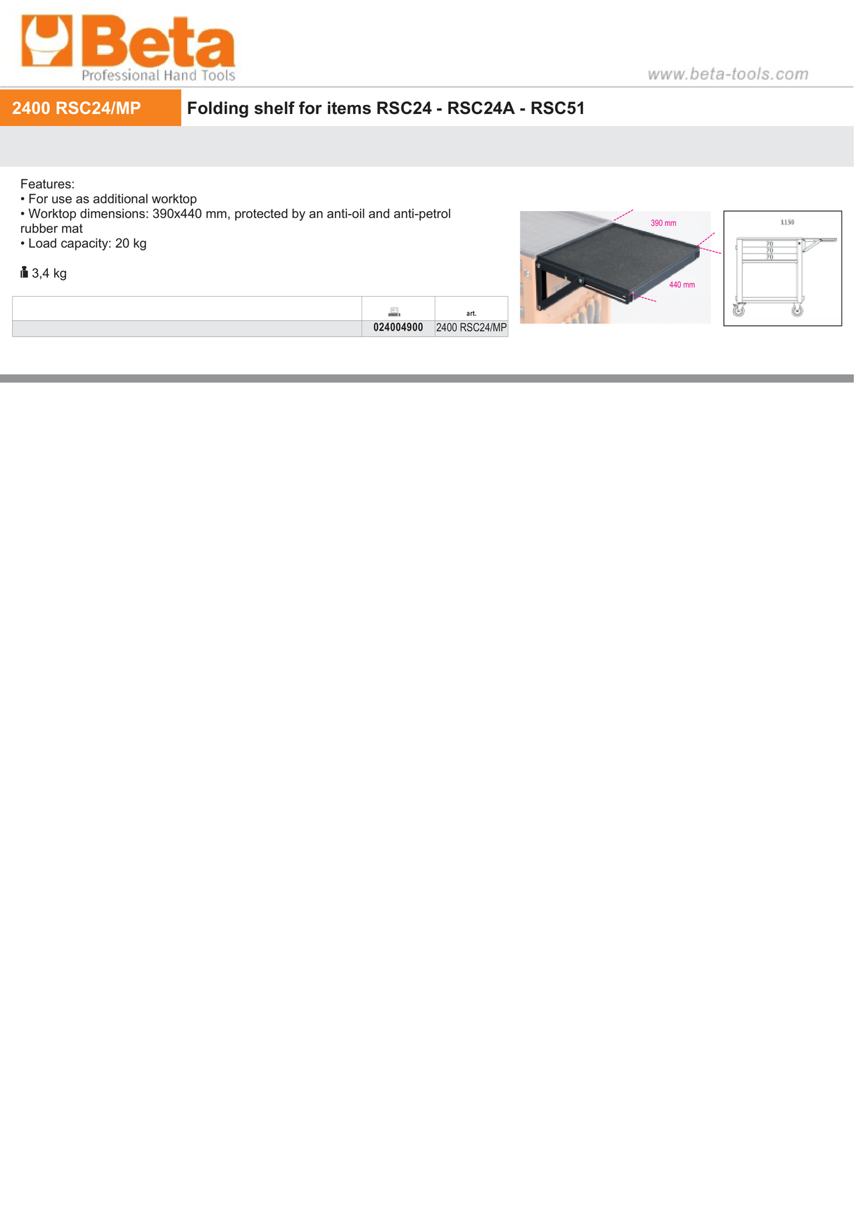 Folding Shelf for RSC24 RSC24A RSC51 390x440mm 20kg Capacity - Beta Tools 2400 RSC24/MP - Image 2