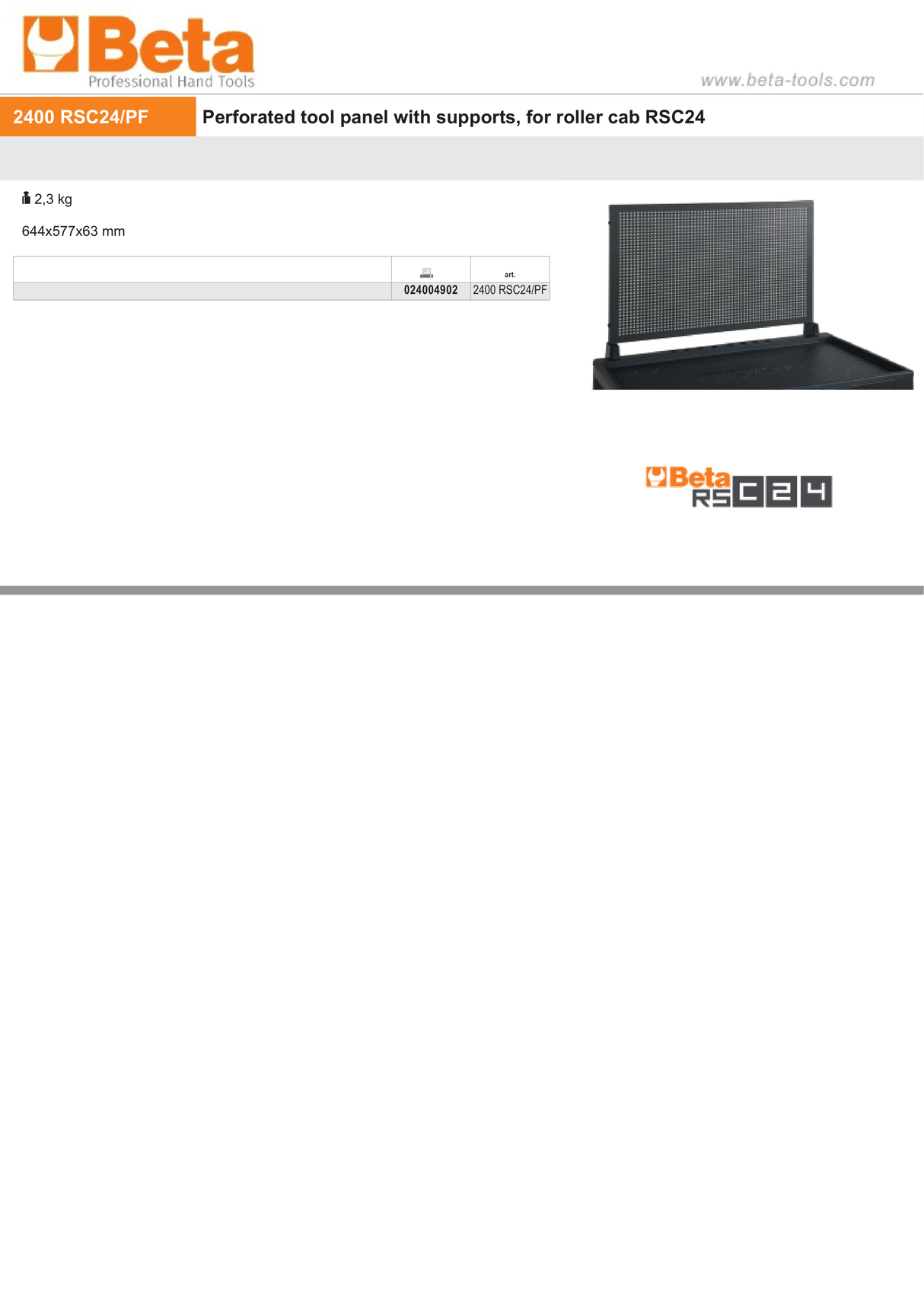 Perforated Tool Panel with Supports for Roller Cab RSC24 - Beta Tools 2400 RSC24/PF - Image 3