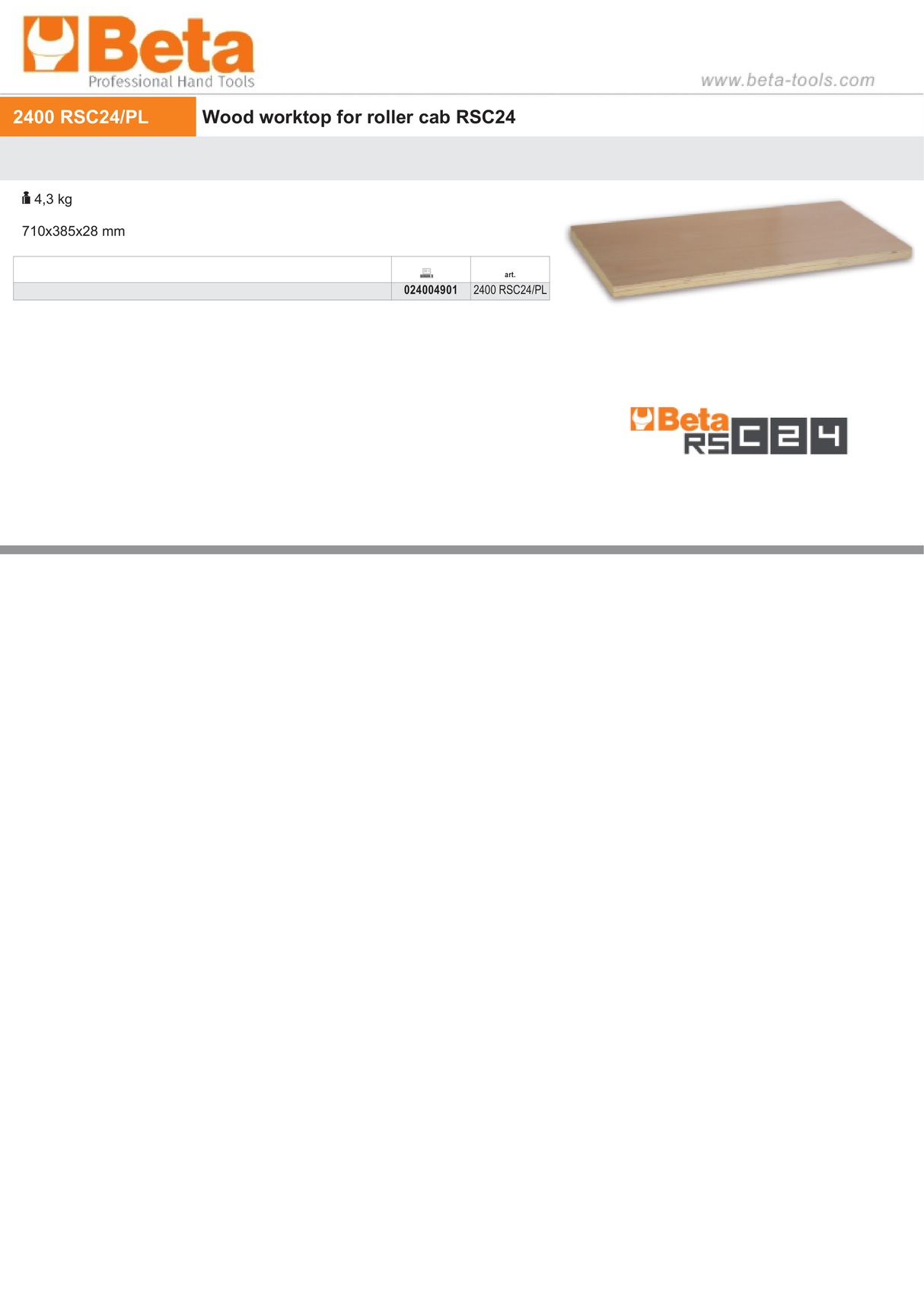 Wood Worktop for Roller Cab RSC24 - Beta Tools 2400 RSC24/PL - Image 3