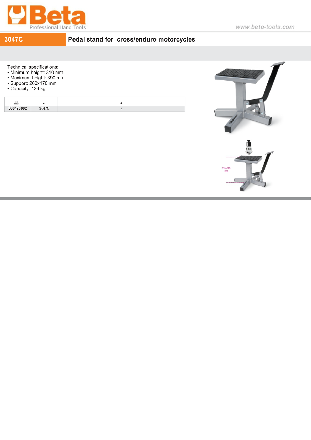 Pedal Stand for Cross/Enduro Motorcycles 310-390mm Height 260x170mm Support 136kg Capacity - Beta Tools 3047C - Image 3