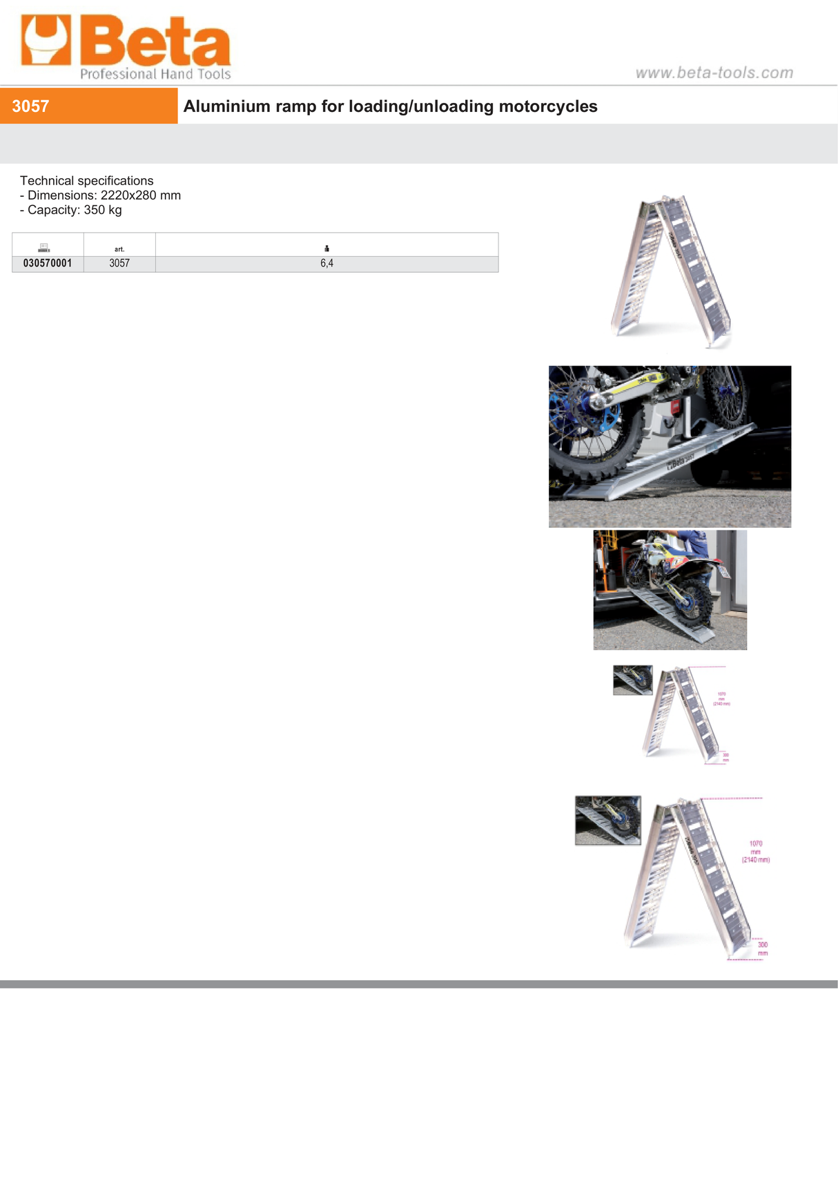 Aluminum Ramp for Loading/Unloading Motorcycles 2220x280mm 350kg Capacity - Beta Tools 3057 - Image 5
