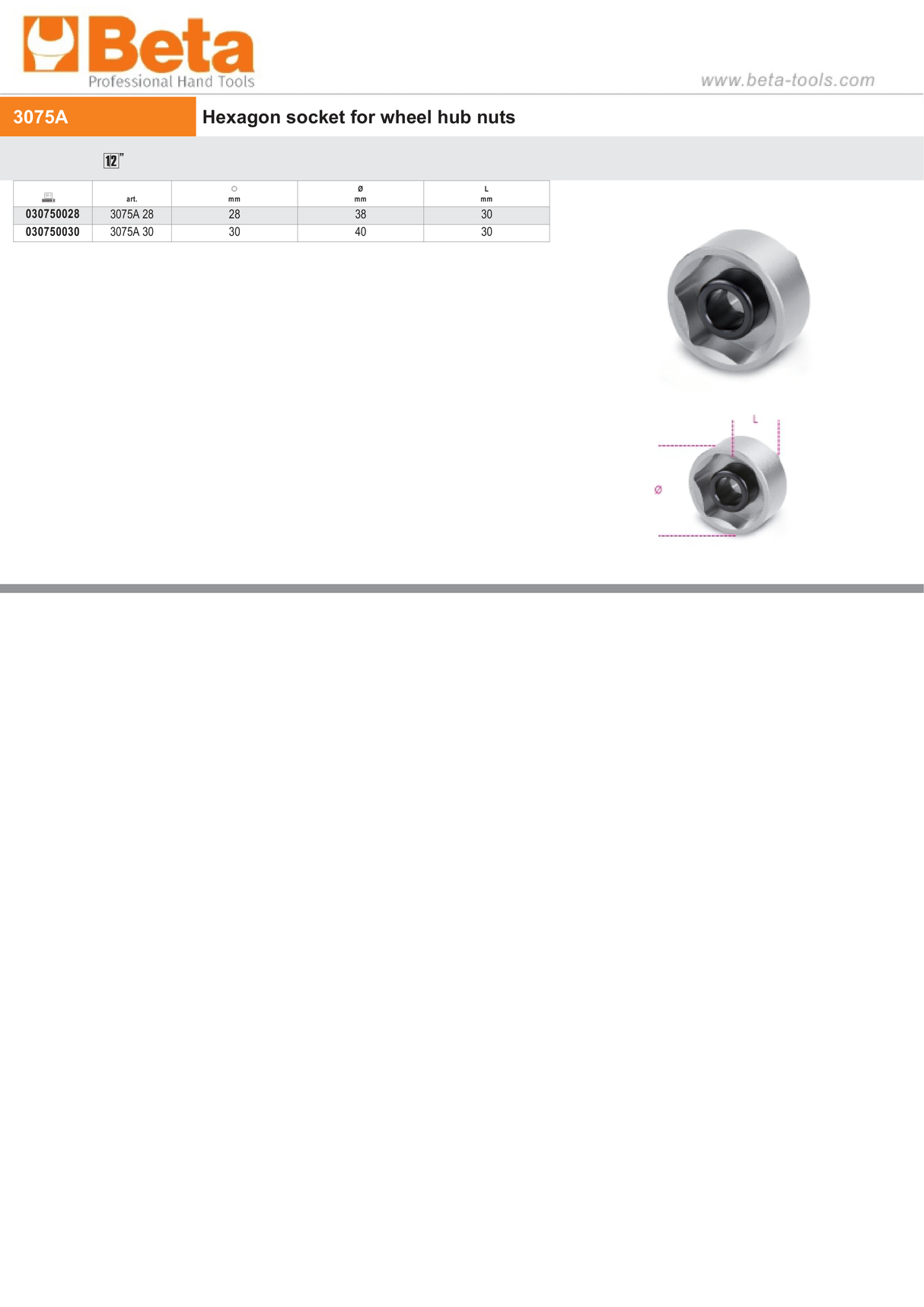 Hexagon Socket for Wheel Hub Nuts 28mm - Beta Tools 3075A 28 - Image 3