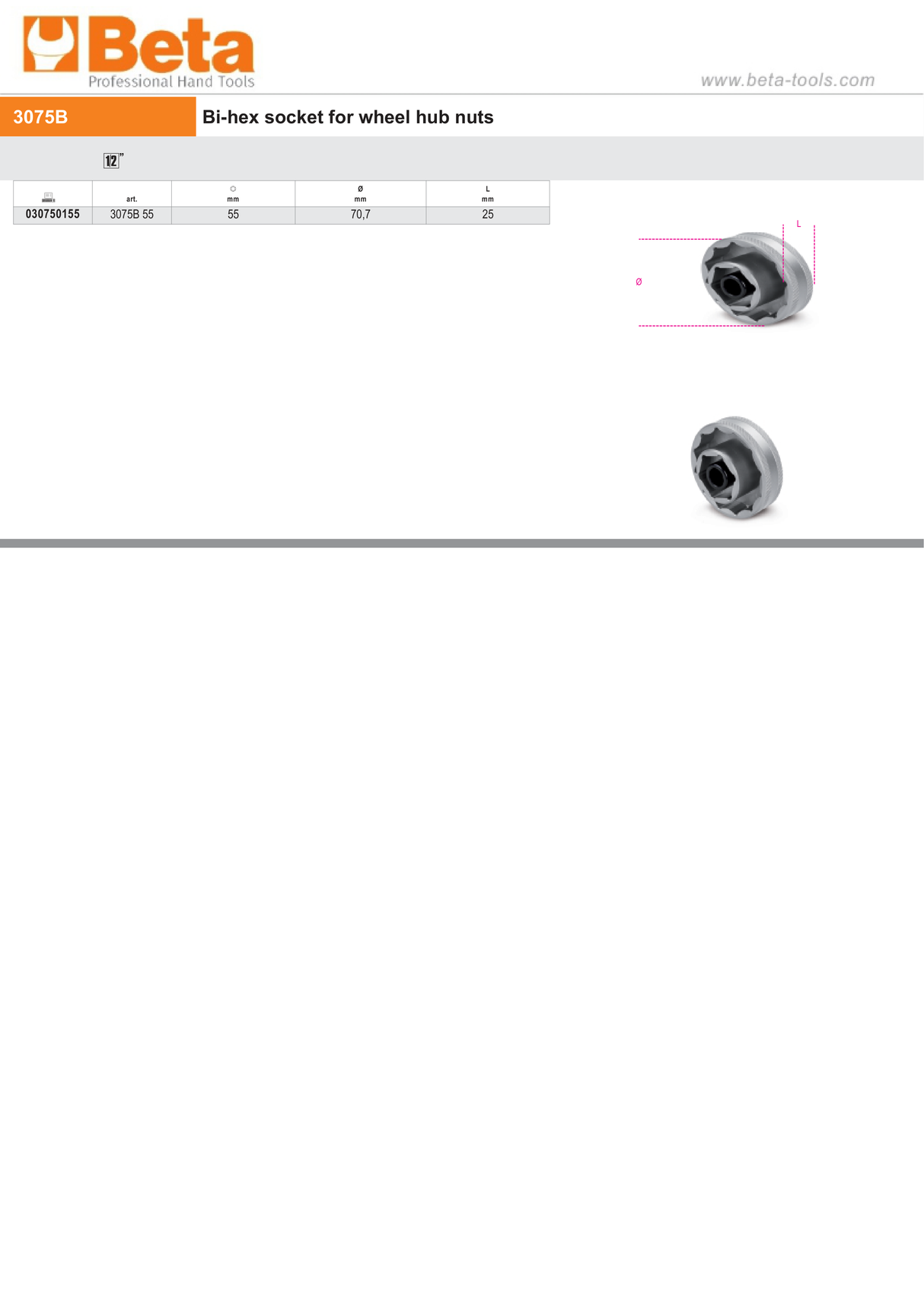 Bi-Hex Socket for Wheel Hub Nuts 55mm - Beta Tools 3075B 55 - Image 4