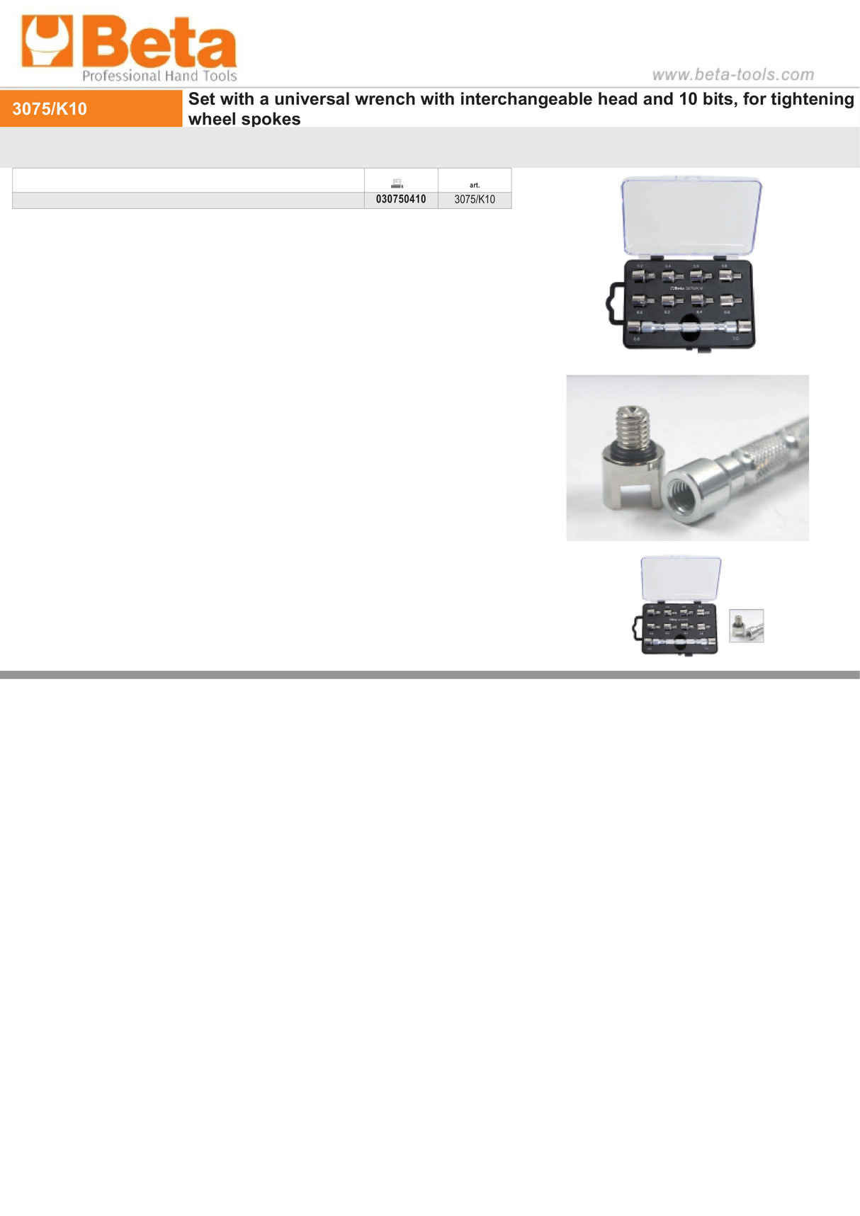 Universal Wrench Set with Interchangeable Head and 10 Bits for Wheel Spokes - Beta Tools 3075/K10 - Image 4