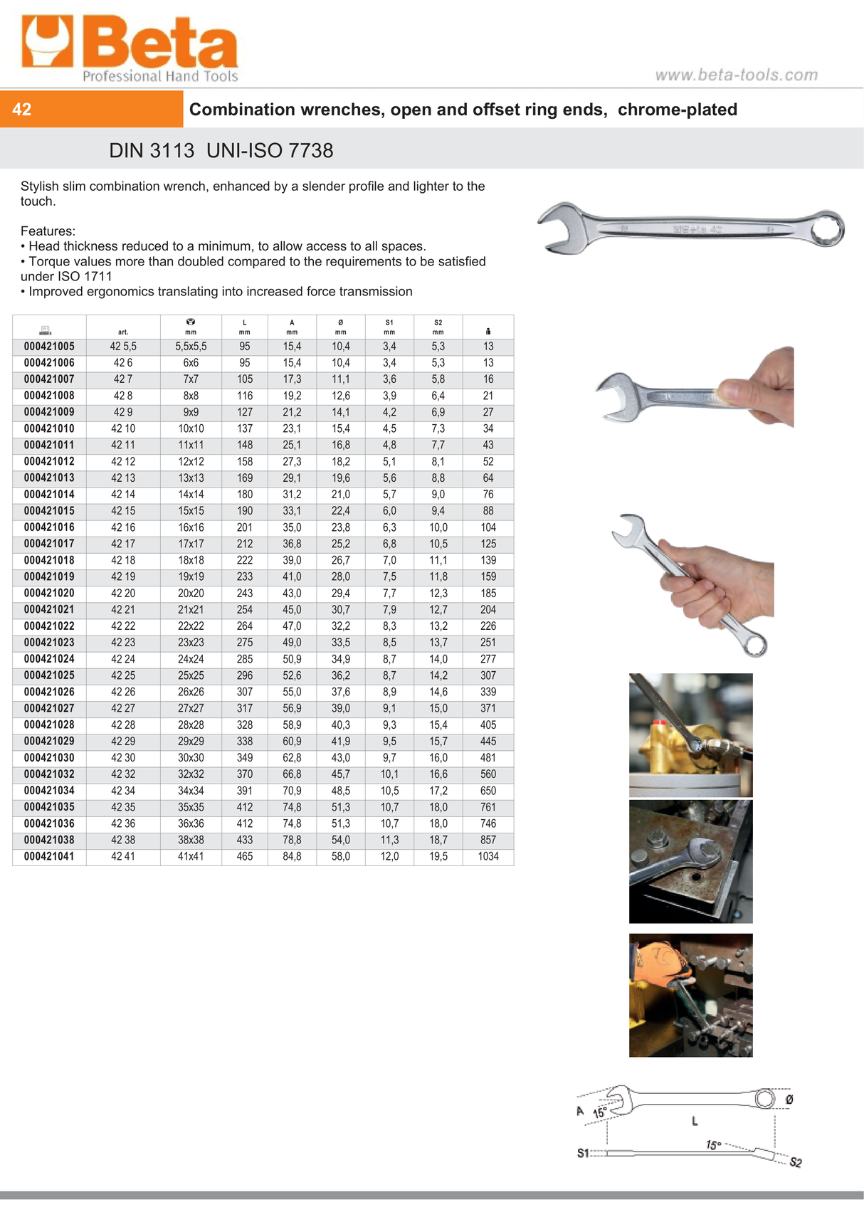 Combination Spanner Wrench Open Offset Ring Ends Chrome-Plated 15mm - Beta Tools 42 15 - Image 10