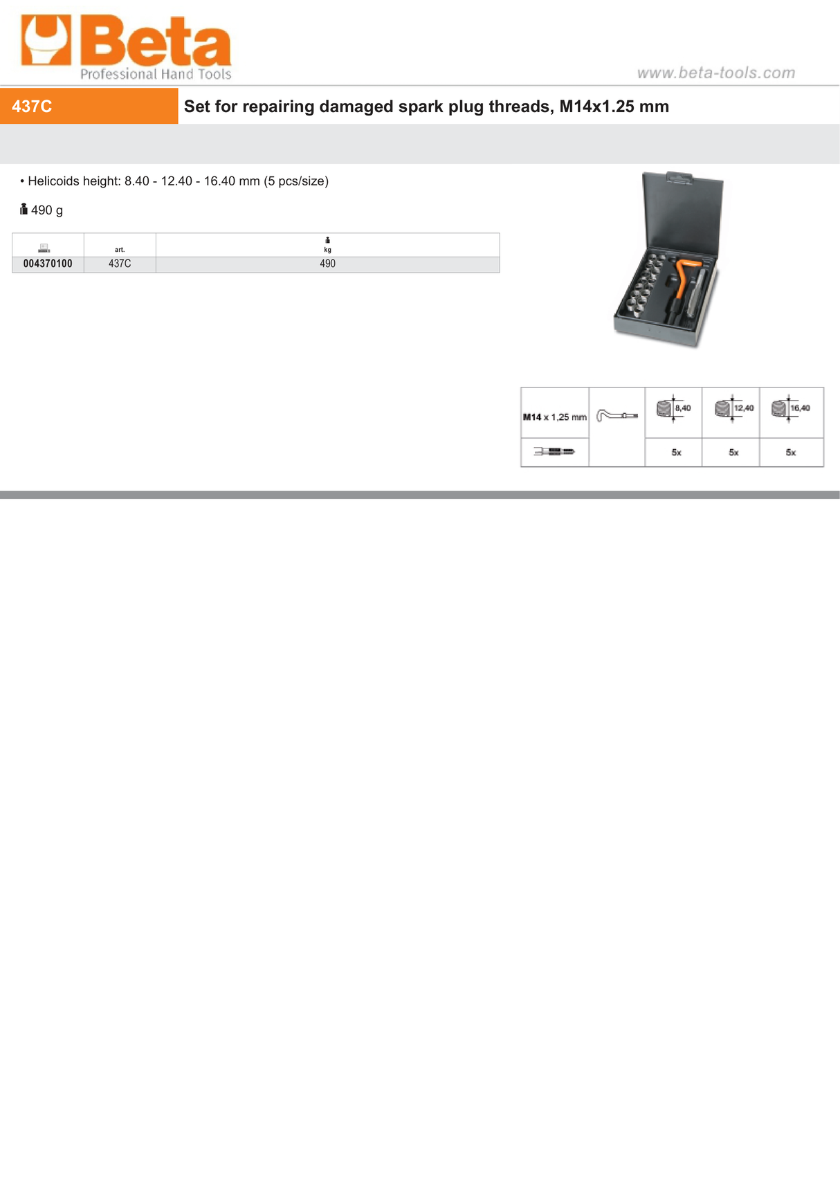 Set for Repairing Damaged Spark Plug Threads M14x1.25mm Helicoids Height 8.40 - 16.40mm - Beta Tools 437C - Image 3