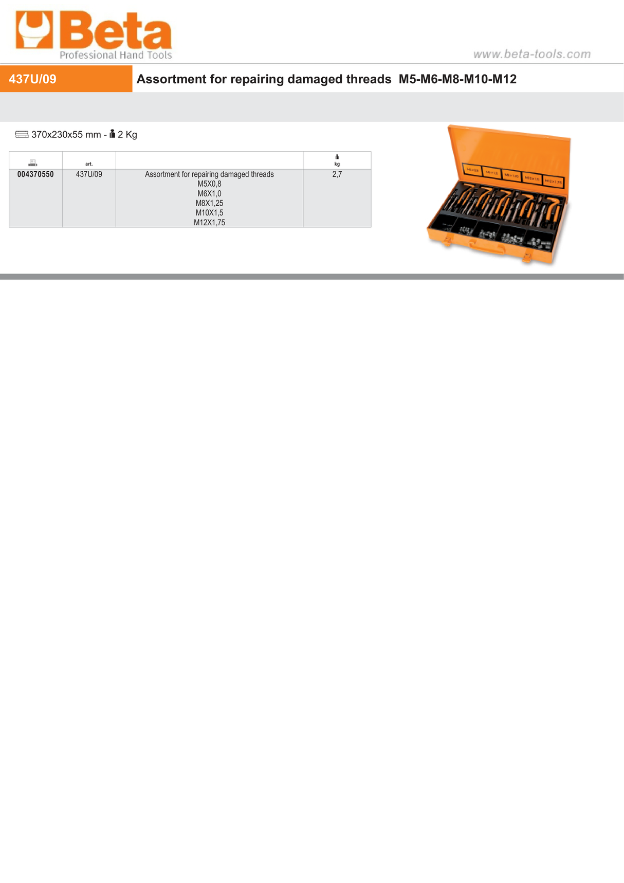Assortment for Repairing Damaged Threads M5 - M12 370x230x55mm - Beta Tools 437U/09 - Image 2