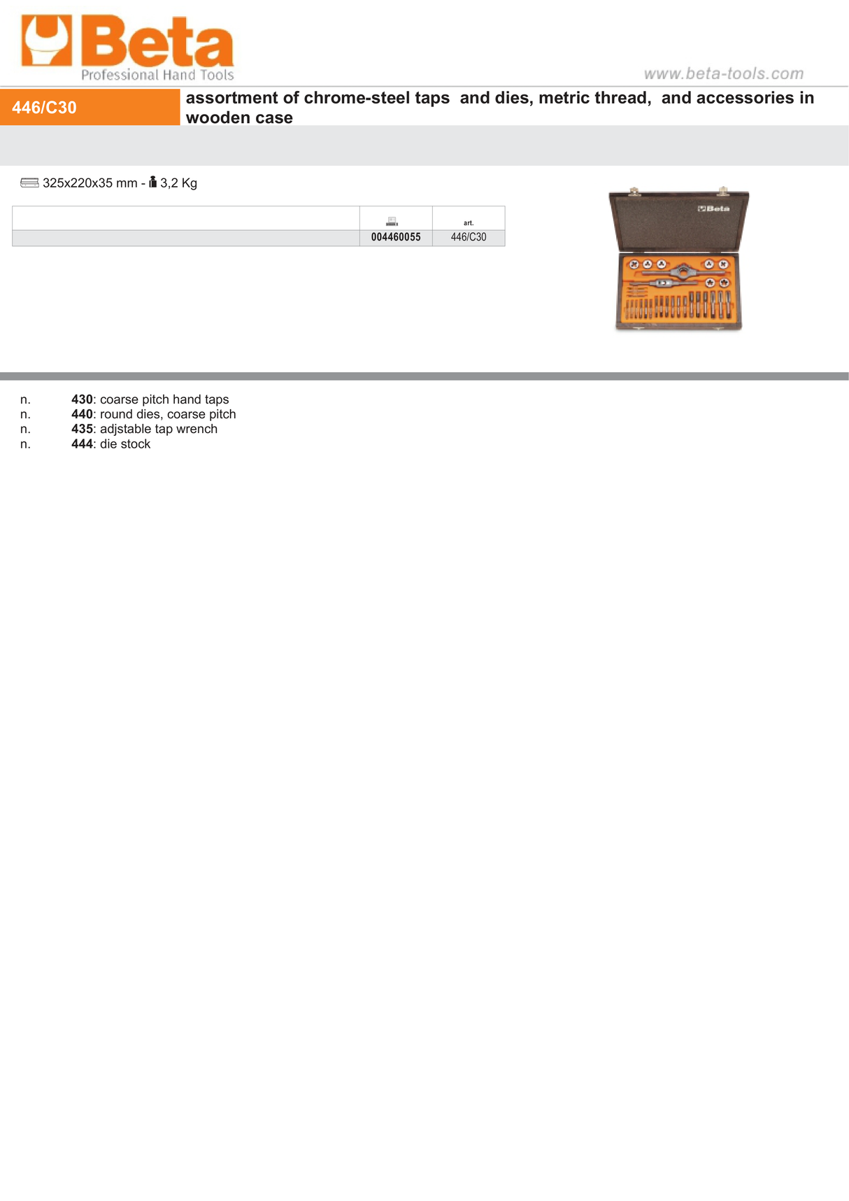 Chrome-Steel Taps and Dies Set Metric Thread with Accessories in Wooden Case - Beta Tools 446/C30 - Image 3