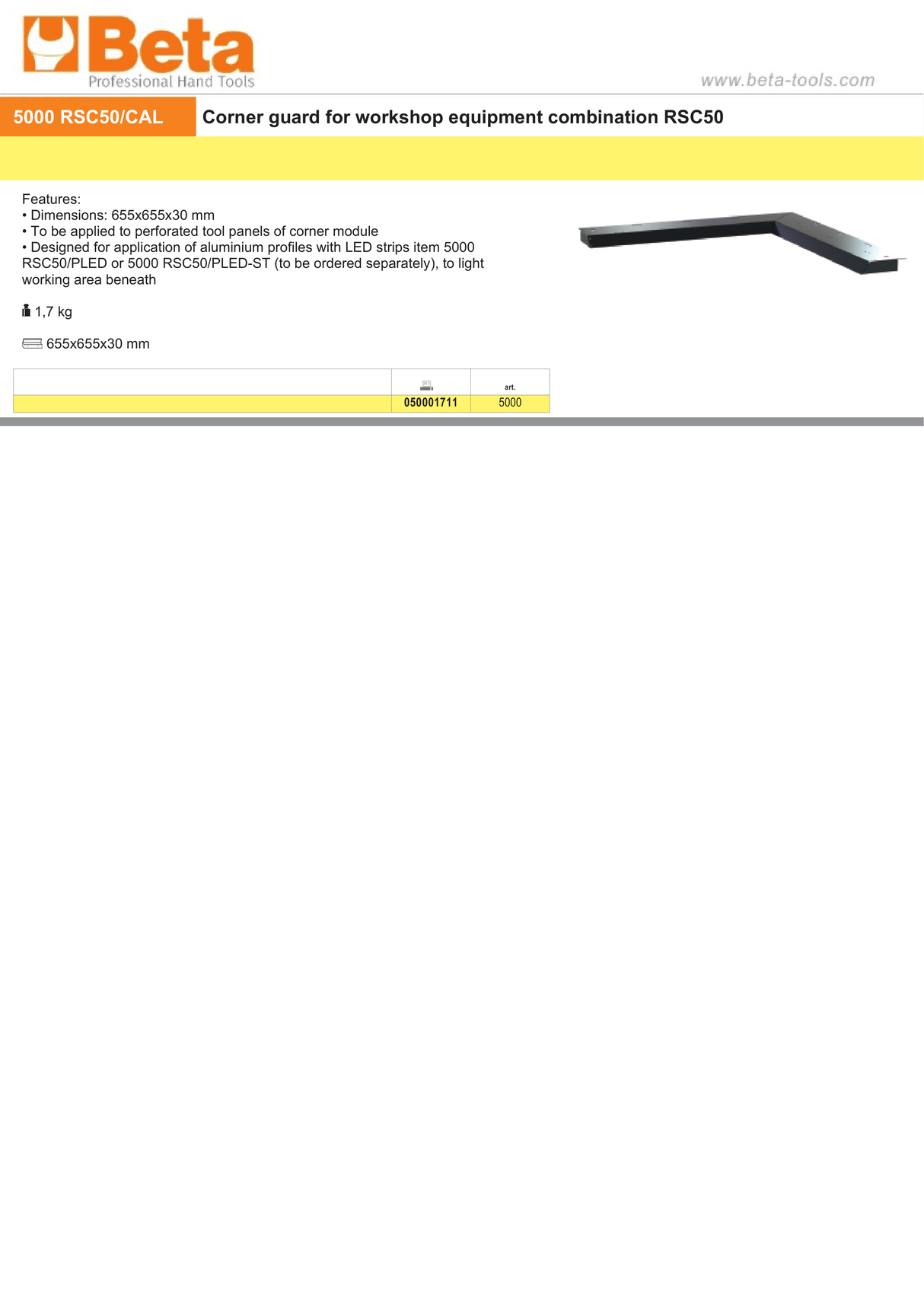 Corner Guard for RSC50, 655x655x30mm, Compatible with LED Strip Profiles (Sold Separately) - BetaRSC50 5000 RSC50/CAL - Image 2