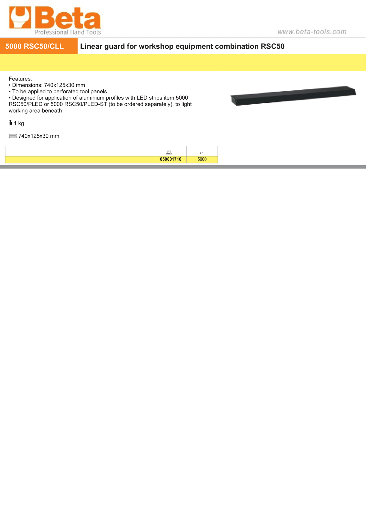 Linear Guard for RSC50, 740x125x30mm, Compatible with LED Strip Profiles (Sold Separately) - BetaRSC50 5000 RSC50/CLL - Image 2