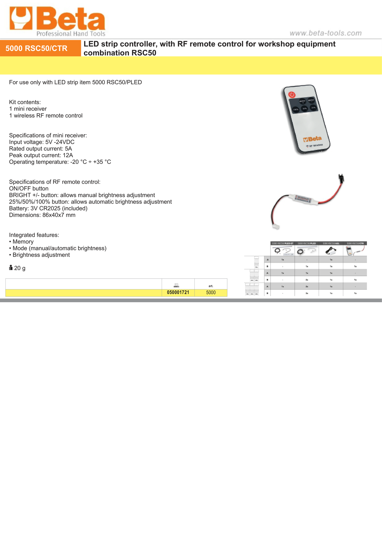 LED Strip Controller with RF Remote for RSC50, Includes Mini Receiver, 5V-24VDC Input, 5A Output, Remote with Brightness Adjustment, 86x40x7mm - BetaRSC50 5000 RSC50/CTR - Image 4