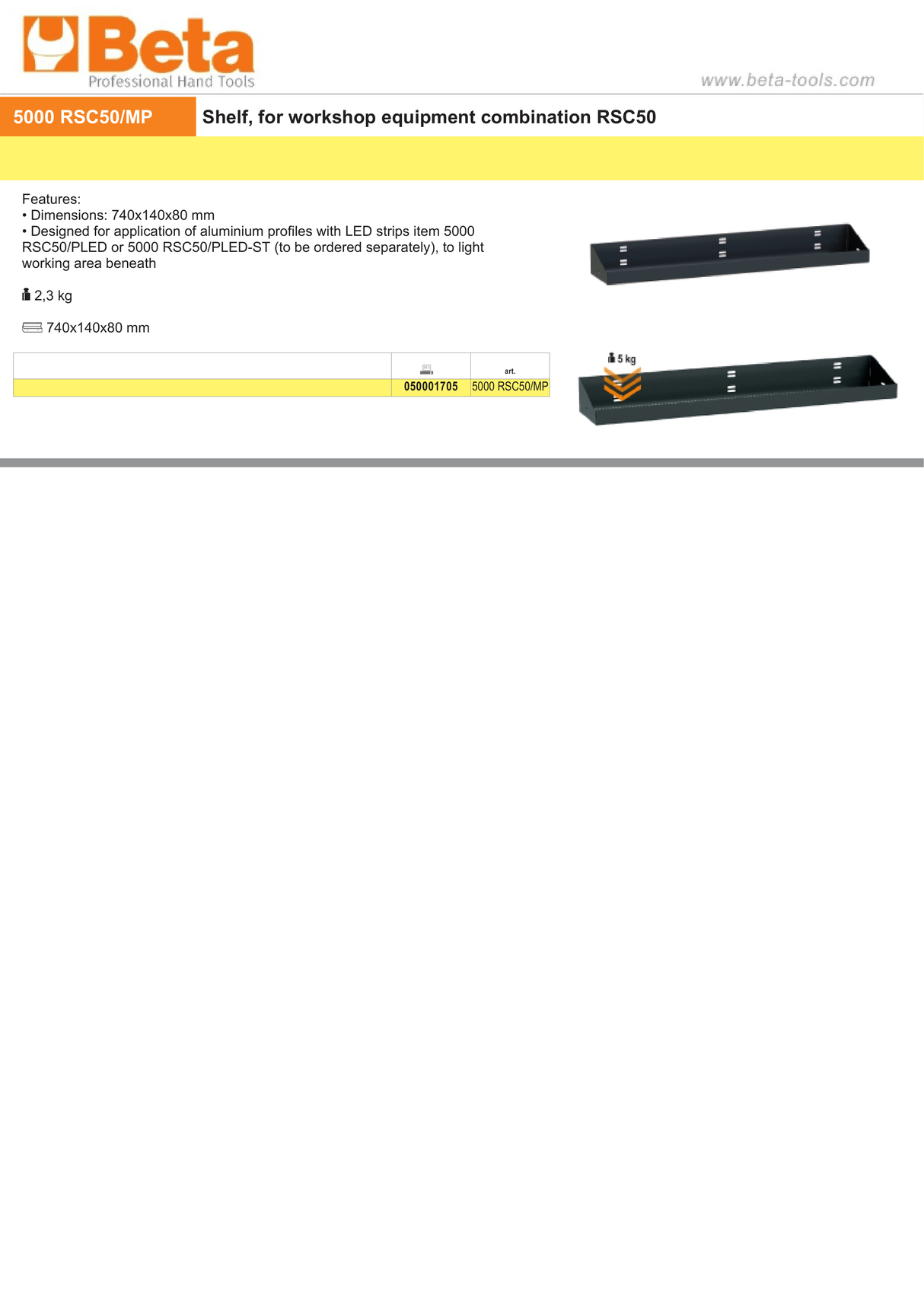 Shelf for RSC50, 740x140x80mm, Compatible with LED Strip Profiles (Sold Separately) - BetaRSC50 5000 RSC50/MP - Image 3