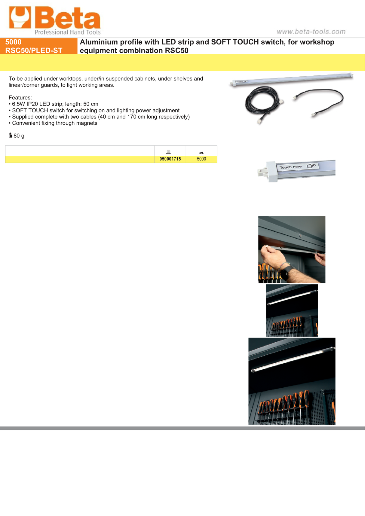 Aluminium Profile with LED Strip and Soft Touch Switch for RSC50, 50cm Length, 6.5W IP20, Includes 2 Cables, Magnetic Fixing - BetaRSC50 5000 RSC50/PLED-ST - Image 5