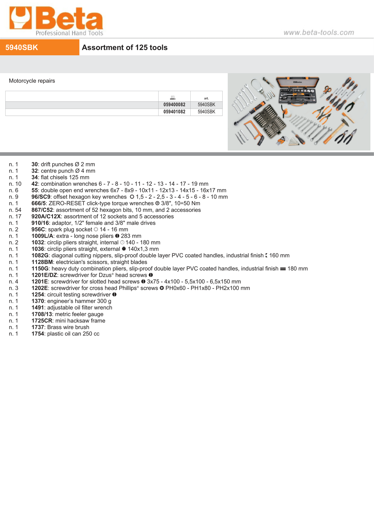 Assortment of 125 Tools for Motorcycle Repairs - Beta Tools 5940SBK - Image 2