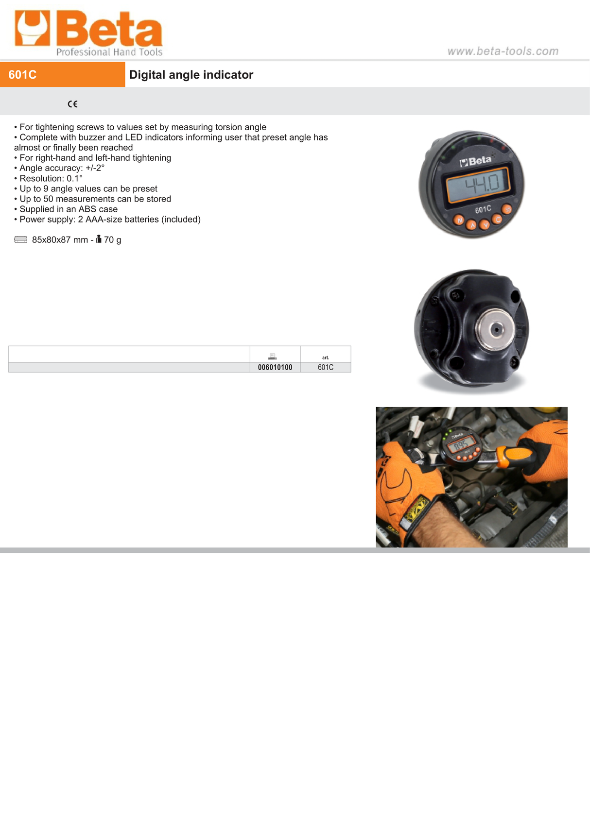 Digital Angle Indicator for Right/Left-Hand Tightening 2 Accuracy, LED/Buzzer Alerts, 9 Preset Angles, 50 Measurement Storage, Includes Case - Beta Tools 601C - Image 4