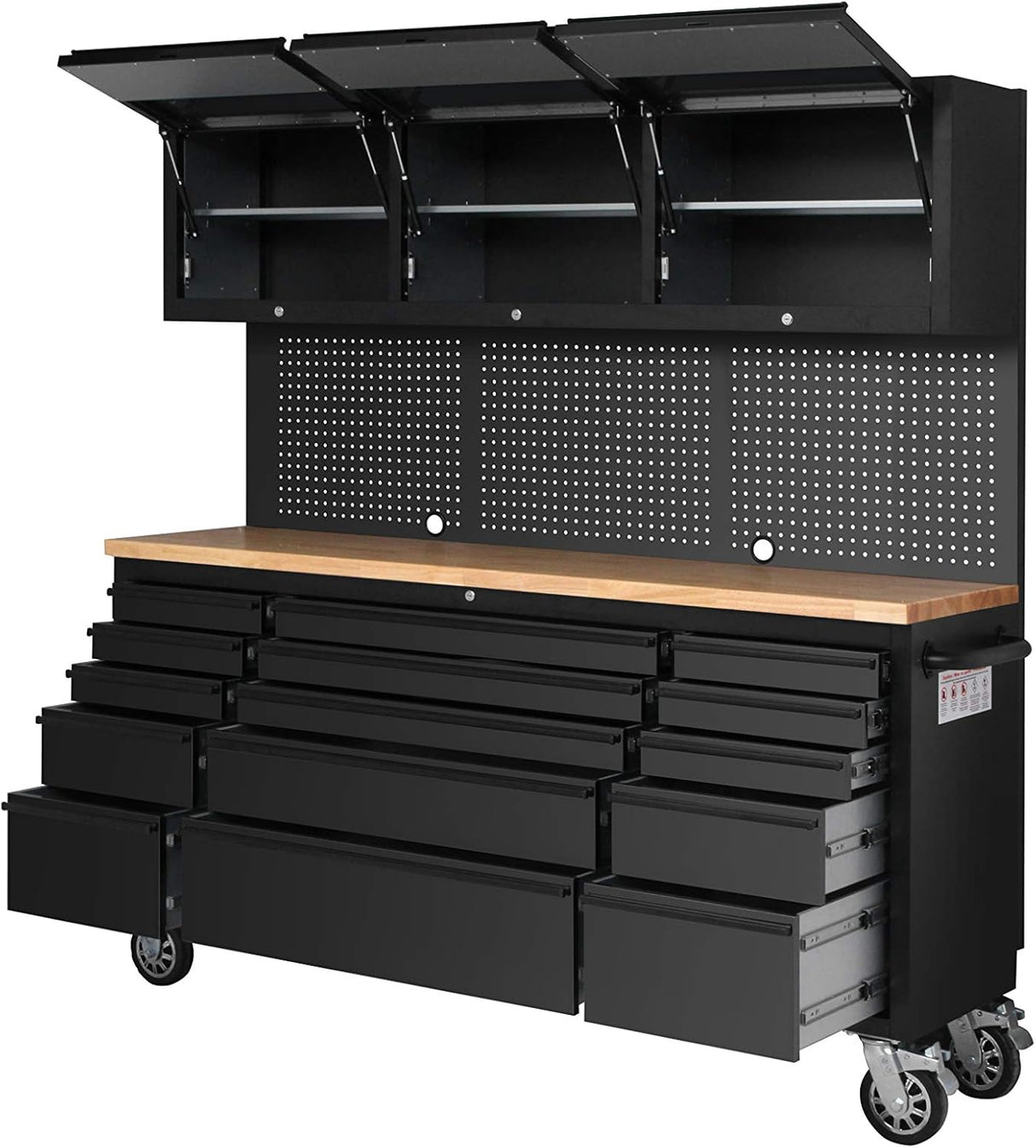 72" Matte Black Steel 15-Drawer Tool Chest with Wooden Top, 3 Upper Cabinets & Peg Board