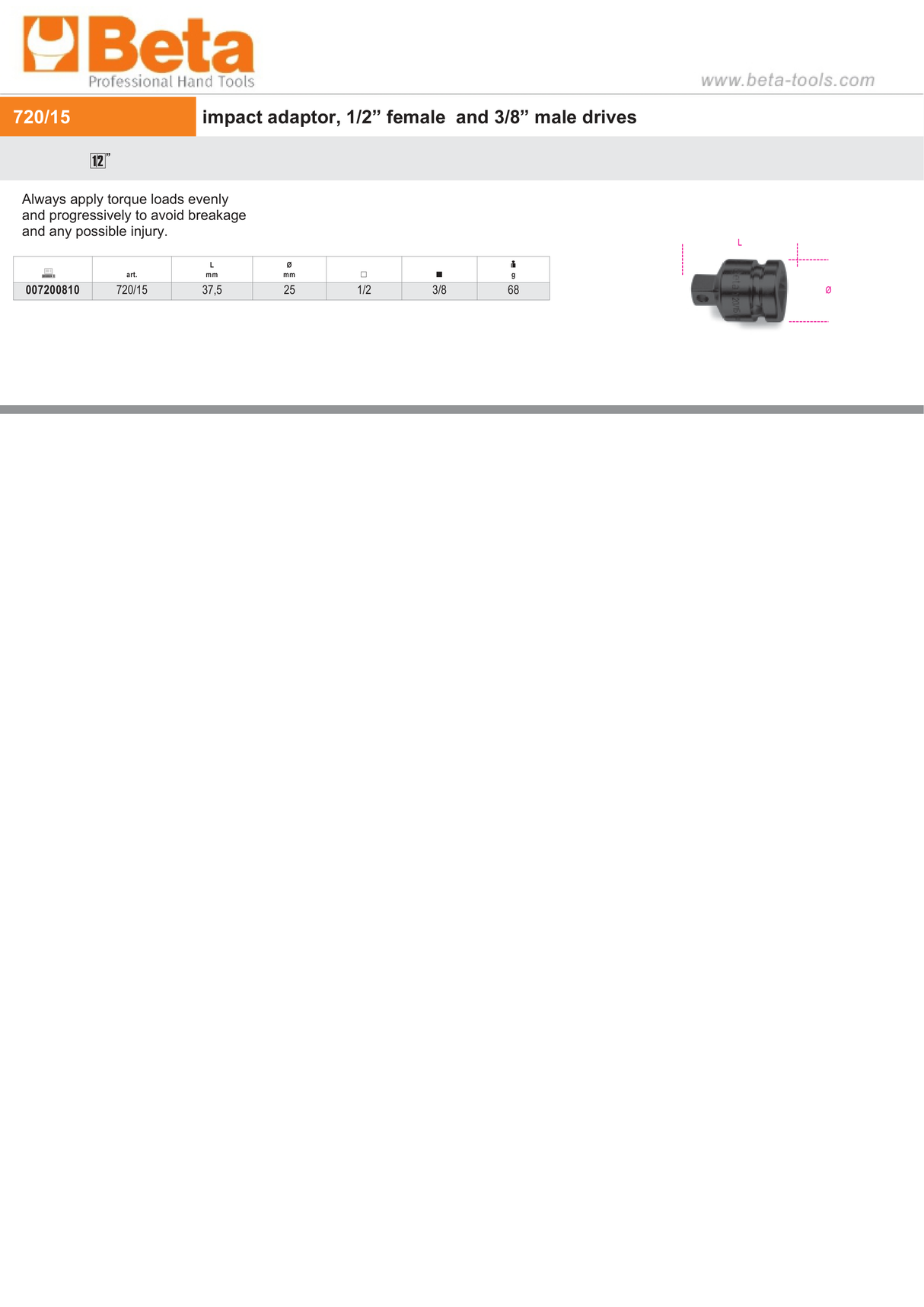 Impact Adaptor, 1/2" Female to 3/8" Male Drives, 37.5mm Length - Beta Tools 720/15 - Image 2