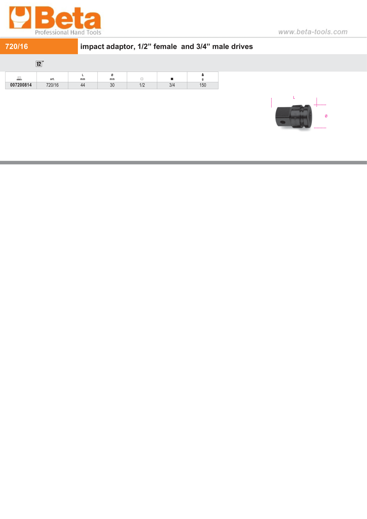 Impact Adaptor, 1/2" Female to 3/4" Male Drives, 44mm Length - Beta Tools 720/16 - Image 2