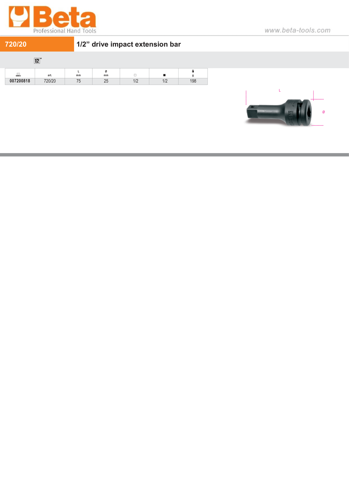 1/2" Drive Impact Extension Bar, 75mm Length - Beta Tools 720/20 - Image 2