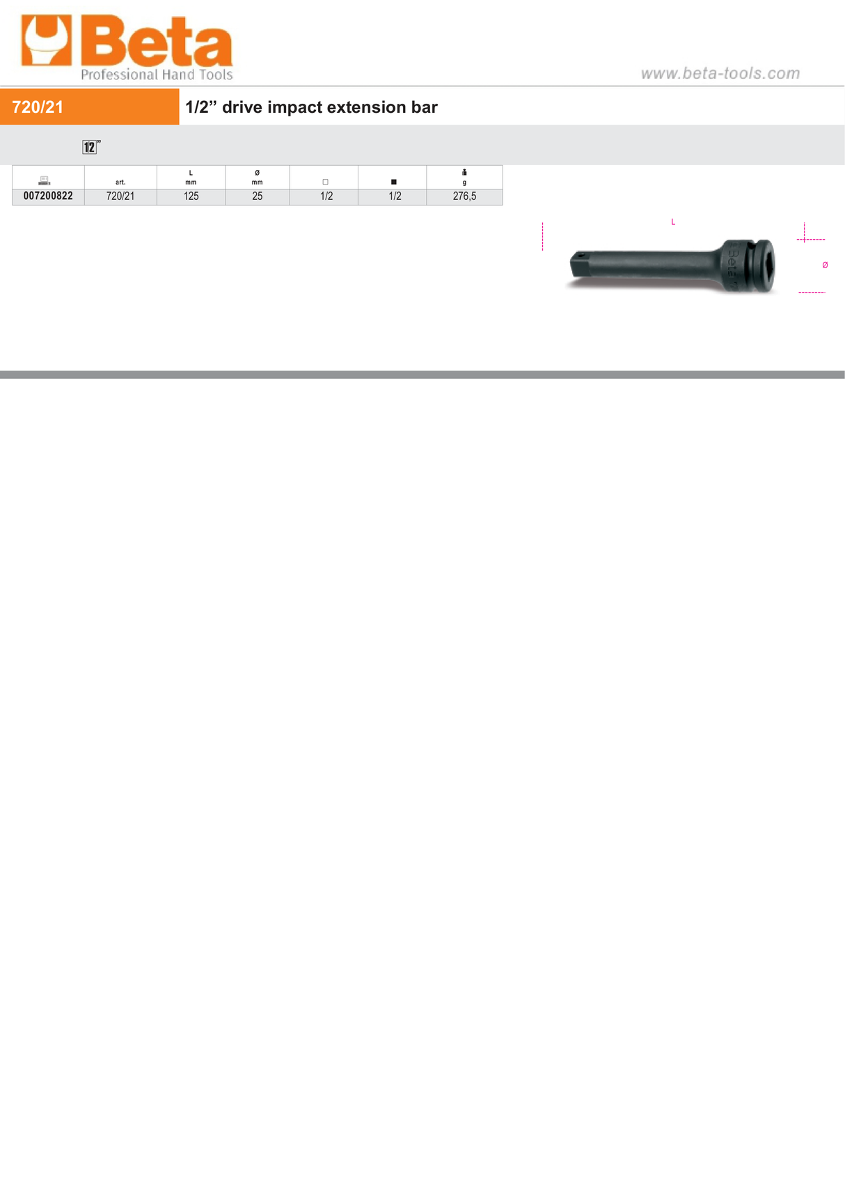 1/2" Drive Impact Extension Bar, 125mm Length - Beta Tools 720/21 - Image 2