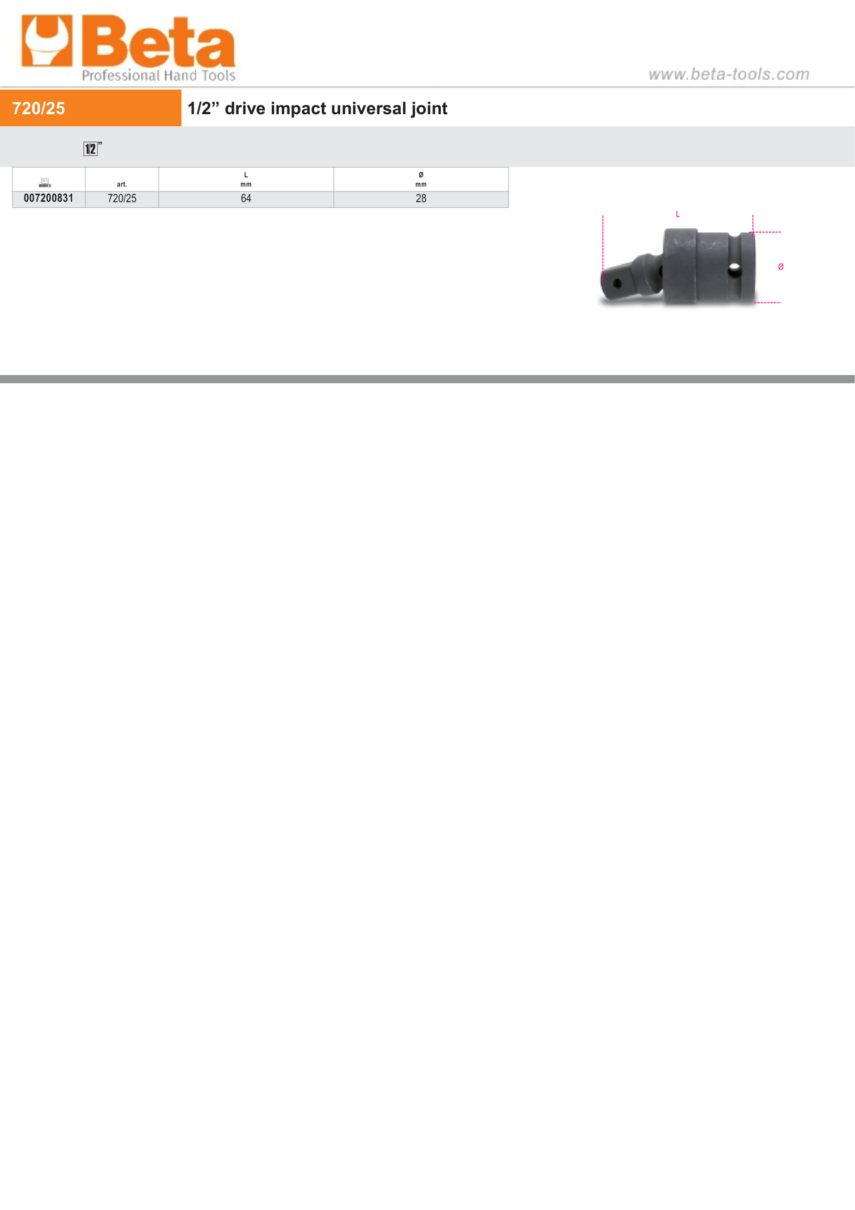 1/2" Drive Impact Universal Joint, 64mm Length - Beta Tools 720/25 - Image 2