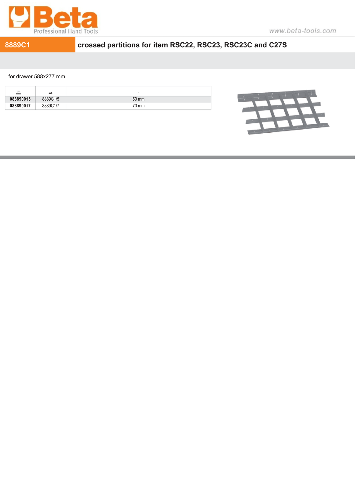 Crossed Partitions for RSC22, RSC23, RSC23C, C27S Drawers 588x277mm 50mm Height - Beta Tools 8889C1/5 - Image 2