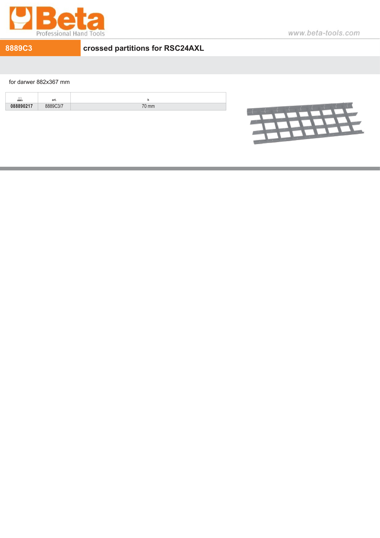 Crossed Partitions for RSC24AXL Drawer 882x367mm 70mm Height - Beta Tools 8889C3/7 - Image 2