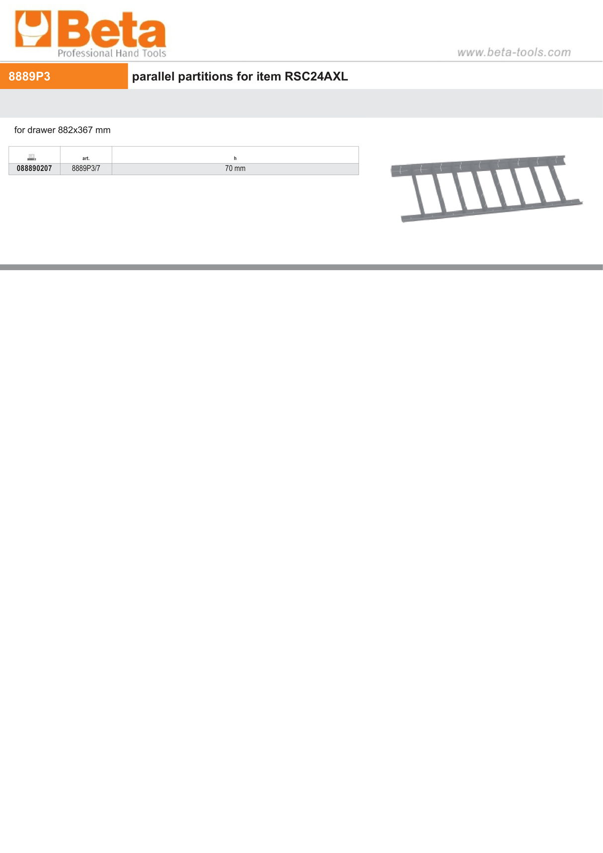 Parallel Partitions for RSC24AXL Drawer 882x367mm 70mm Height - Beta Tools 8889P3/7 - Image 2