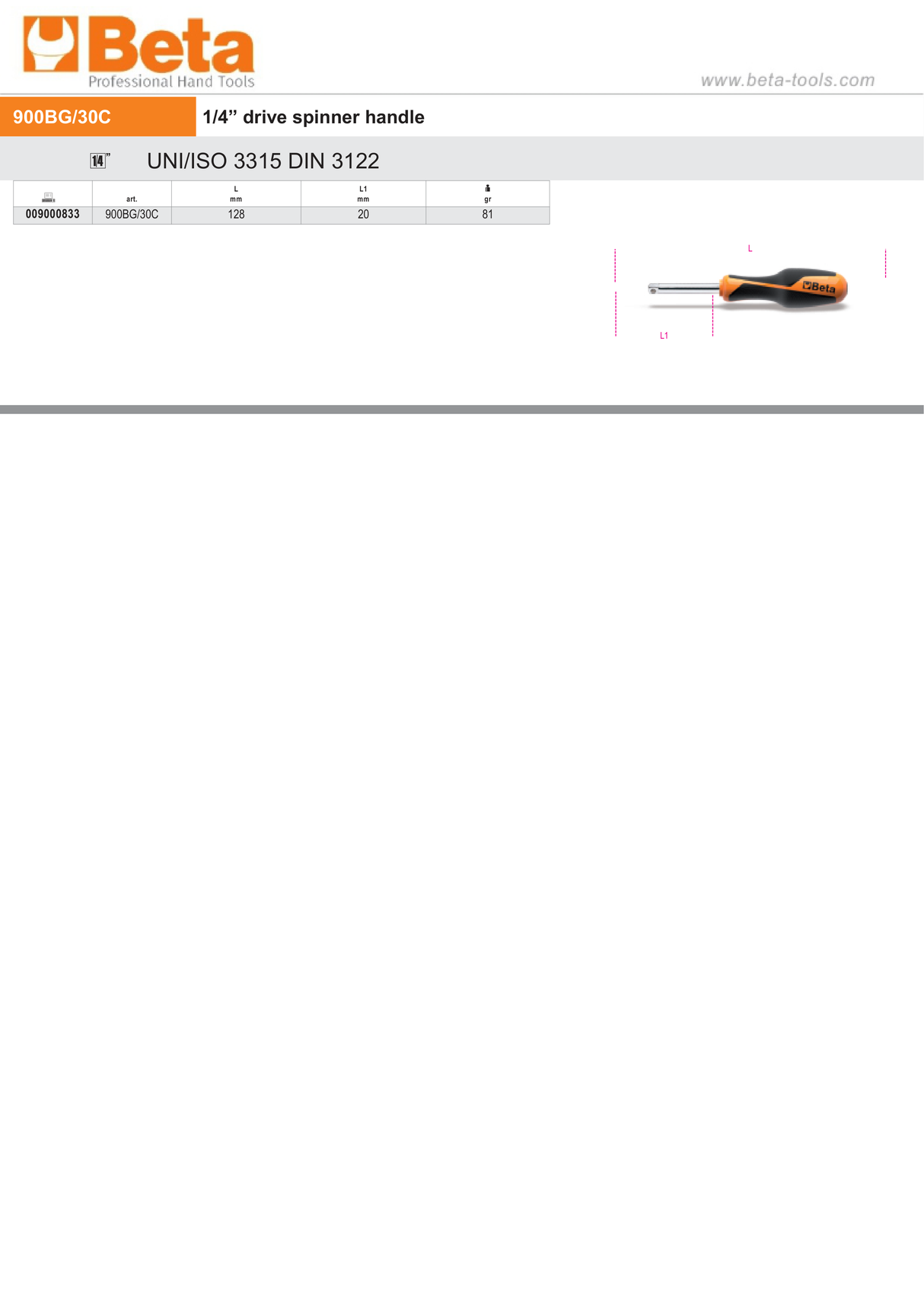 Spinner Handle, 1/4" Drive, 128mm Length - Beta Tools 900BG/30C - Image 2