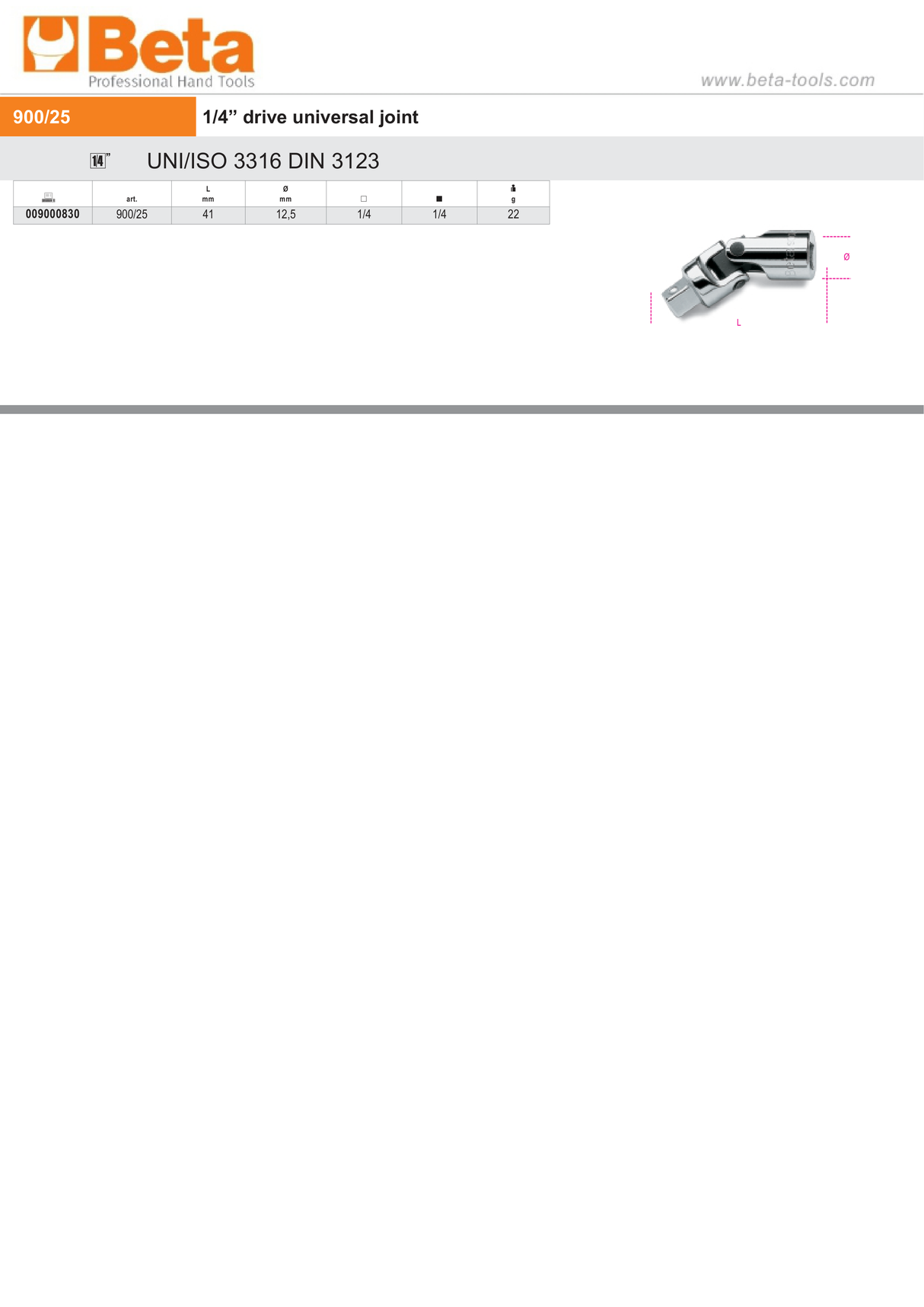 Universal Joint, 1/4" Drive, 41mm Length - Beta Tools 900/25 - Image 2