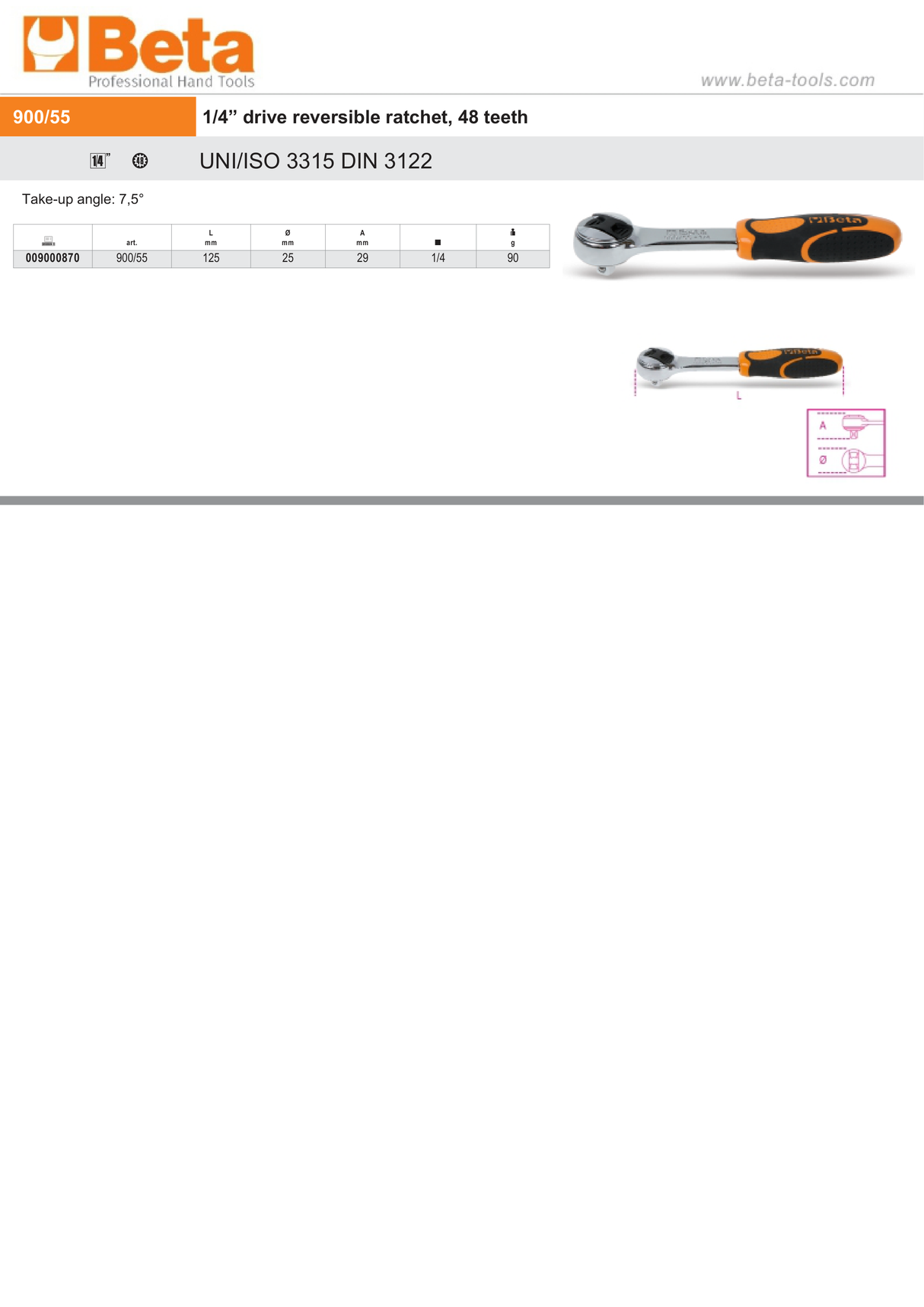 Reversible Ratchet, 1/4" Drive, 48 Teeth, 125mm Length - Beta Tools 900/55 - Image 4