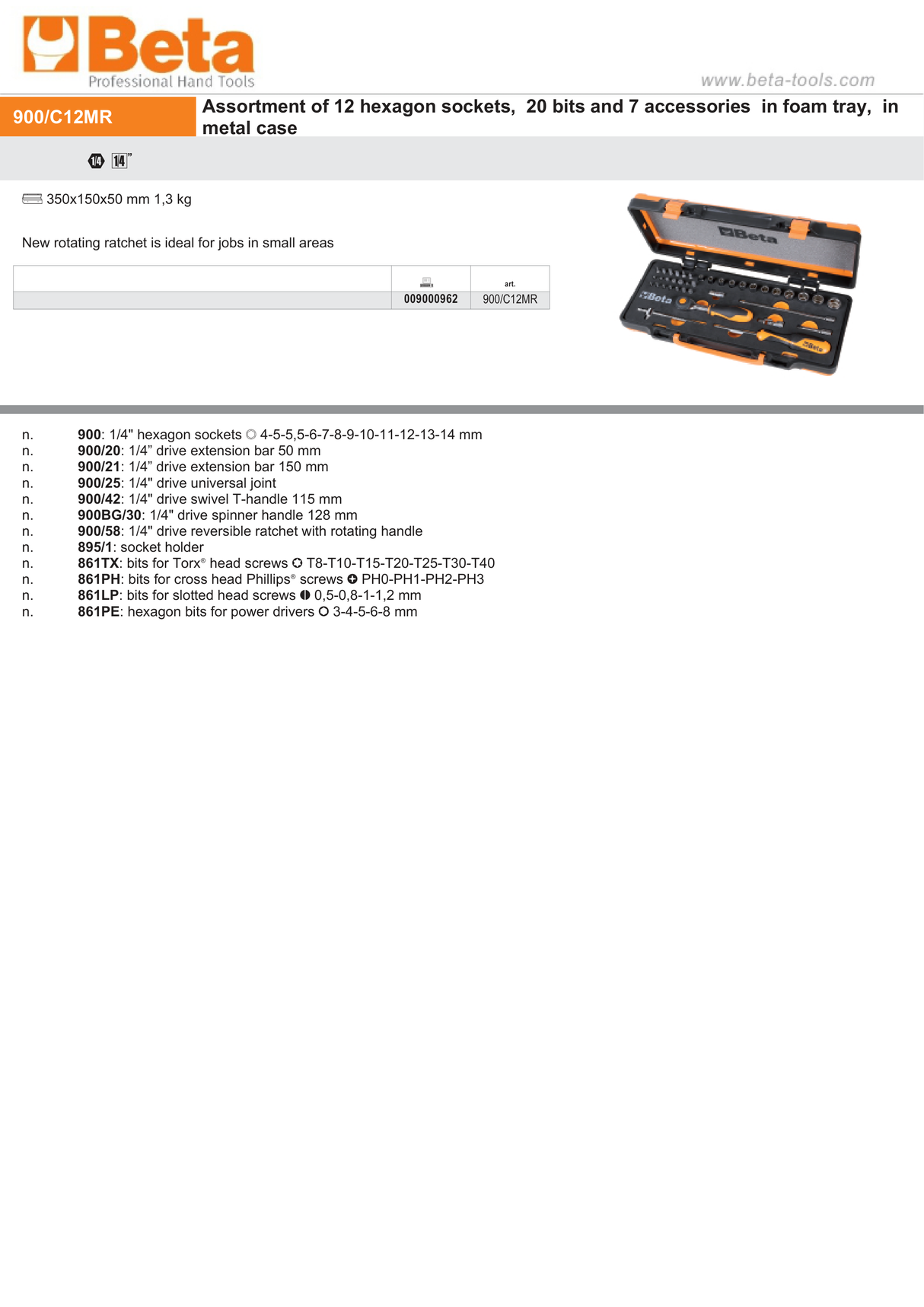 12 Hexagon Sockets, 20 Bits, 7 Accessories in Foam Tray, Metal Case - Beta Tools 900/C12MR - Image 2