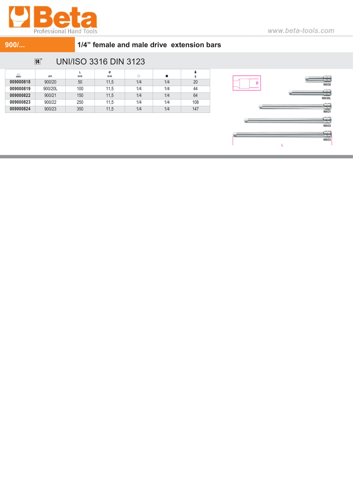 Extension Bar, 1/4" Female to Male Drive, 100mm Length - Beta Tools 900/20L - Image 2