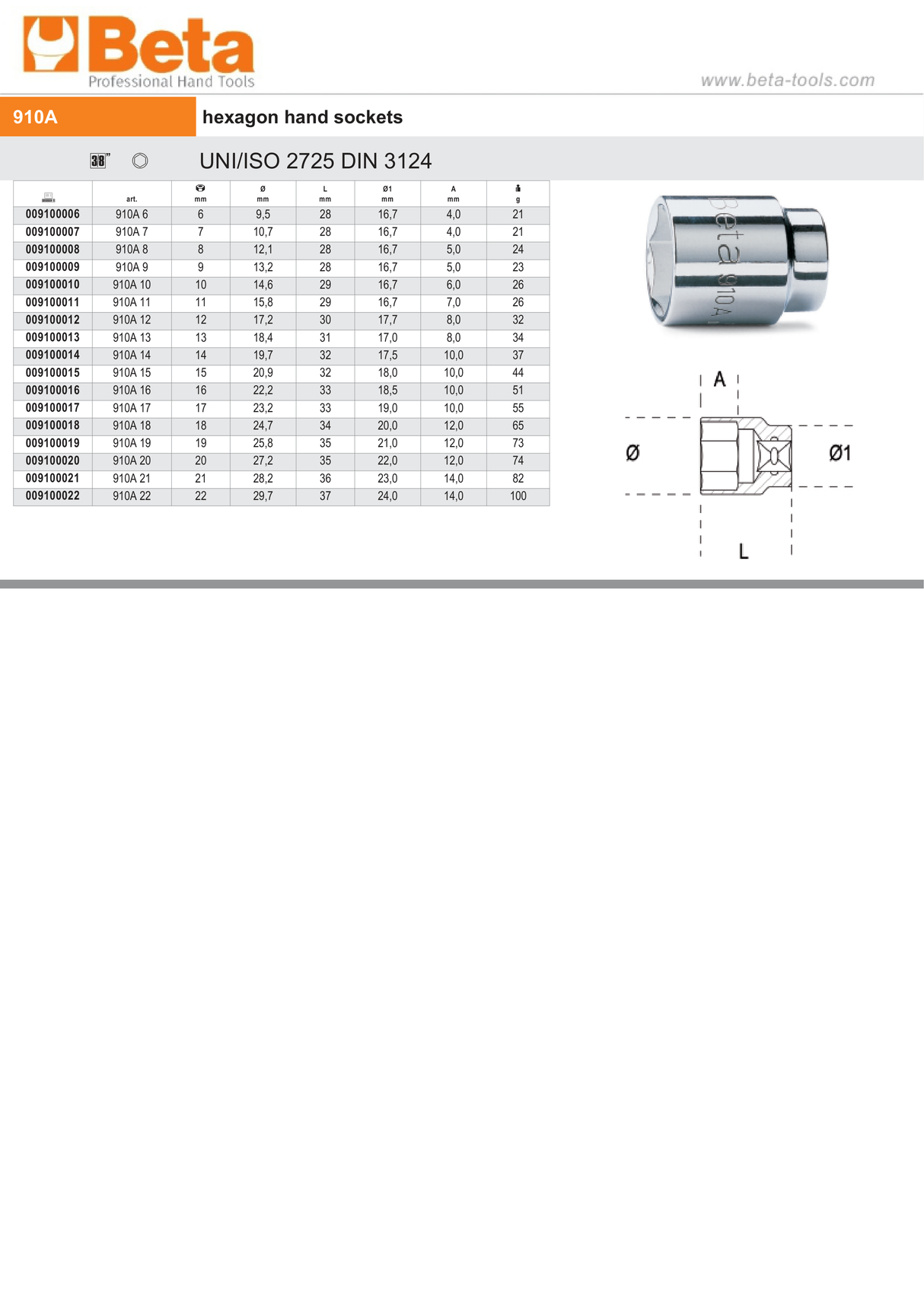 Hexagon Hand Socket 3/8" 20mm - Beta Tools 910A 20 - Image 3