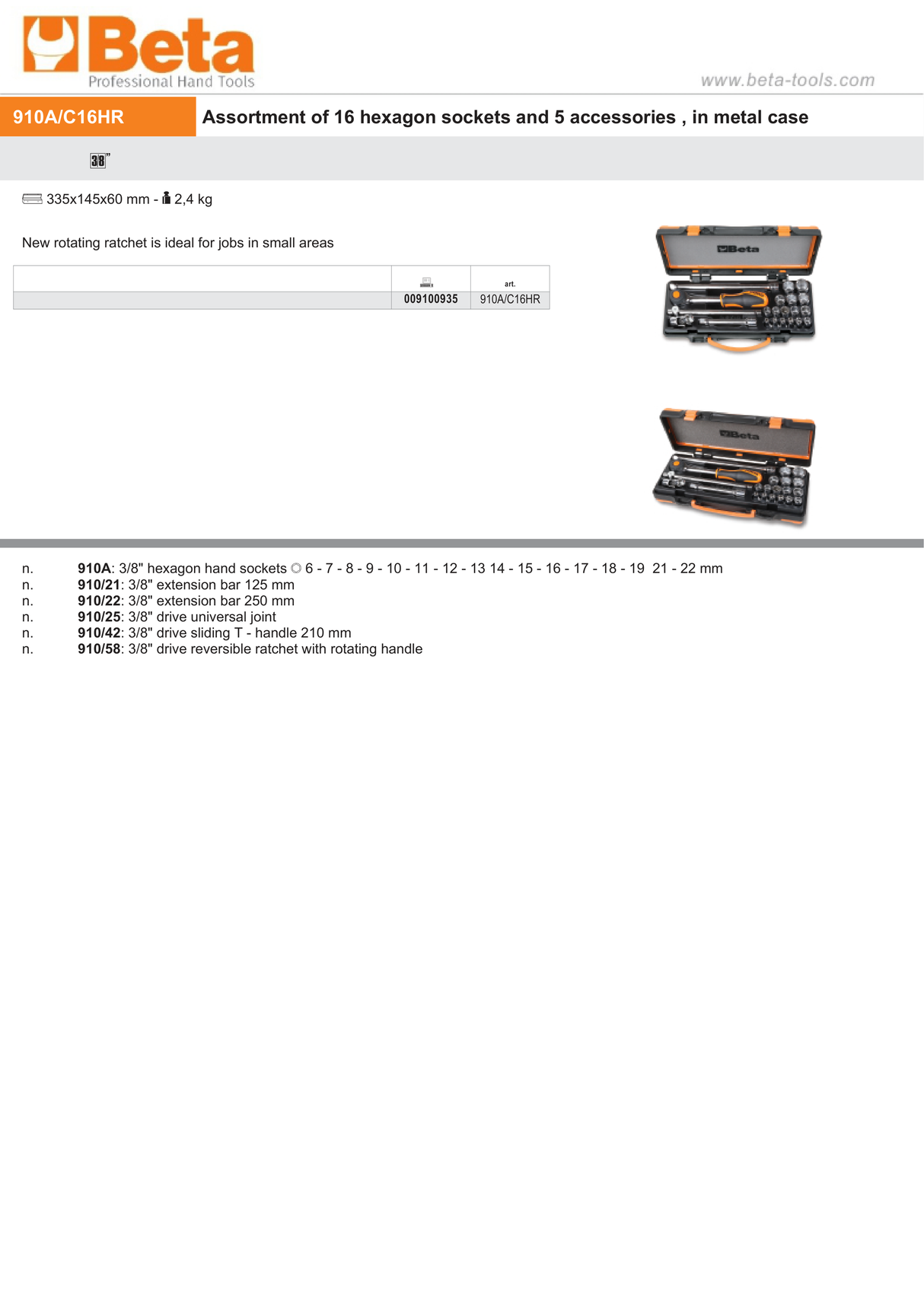Hexagon Socket and Accessory Set in Metal Case 16 Sockets 5 Accessories - Beta Tools 910A/C16HR - Image 3