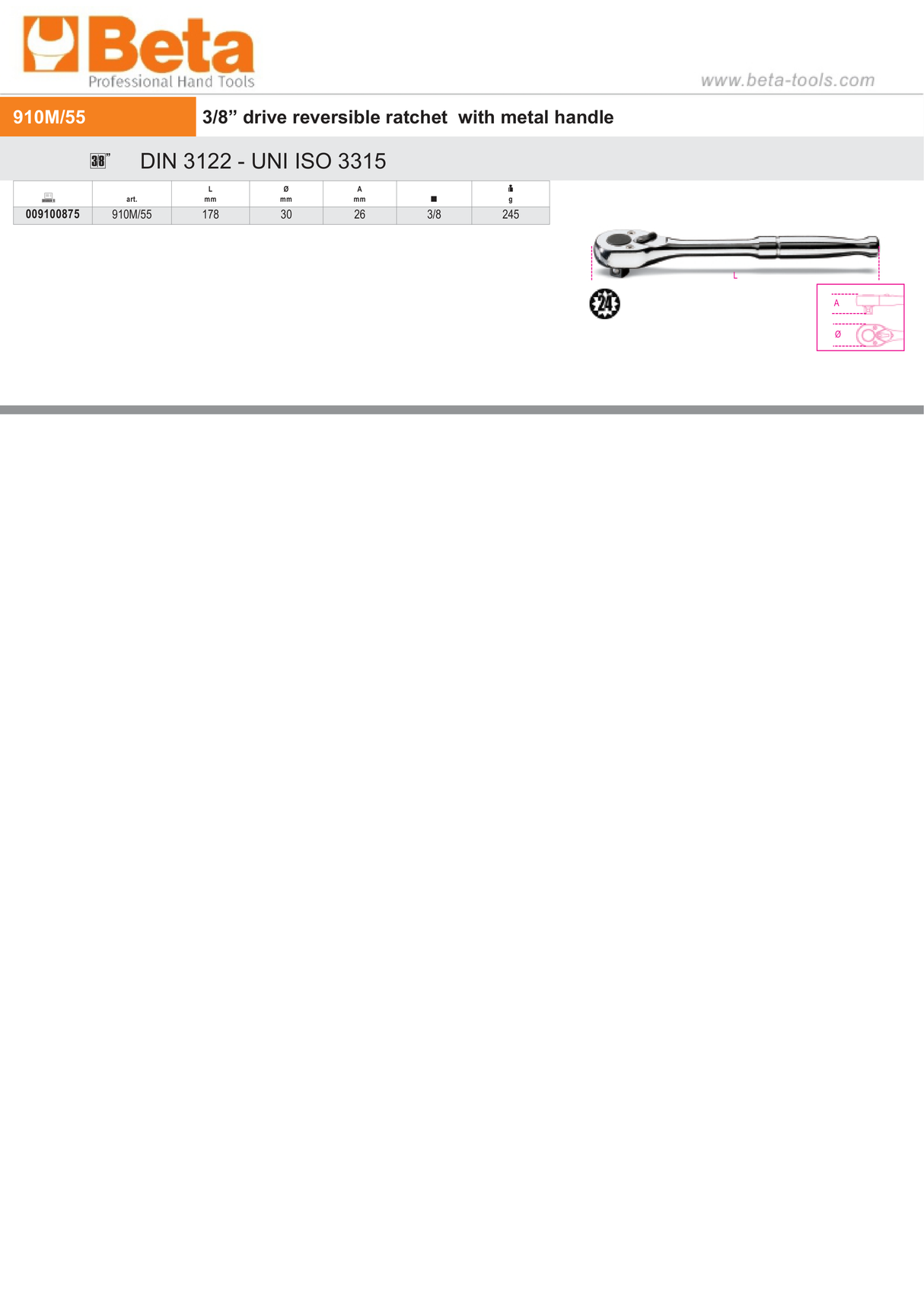 3/8" Drive Reversible Ratchet with Metal Handle 178mm - Beta Tools 910M/55 - Image 2