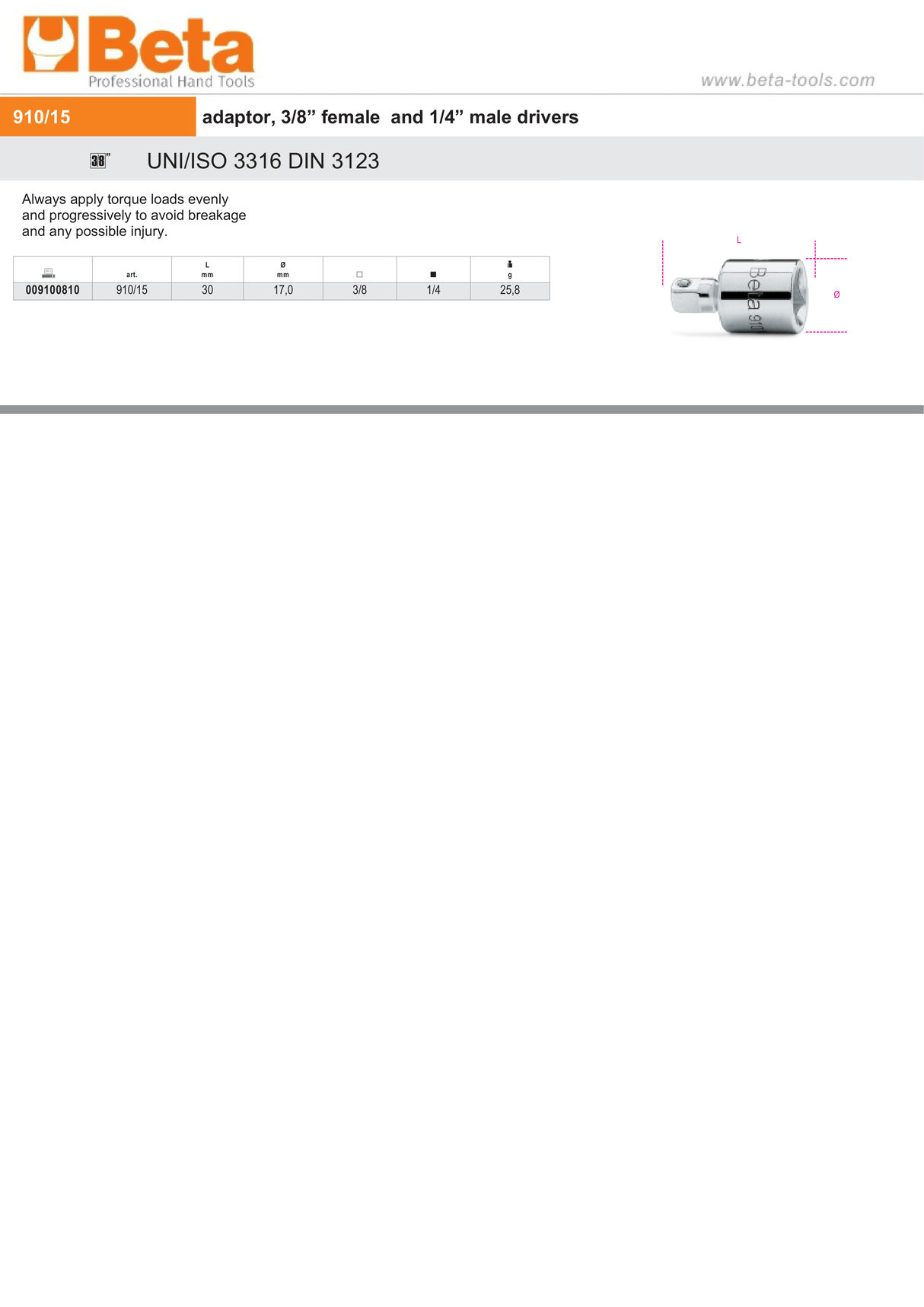 Adaptor 3/8" Female to 1/4" Male Driver 30mm - Beta Tools 910/15 - Image 2