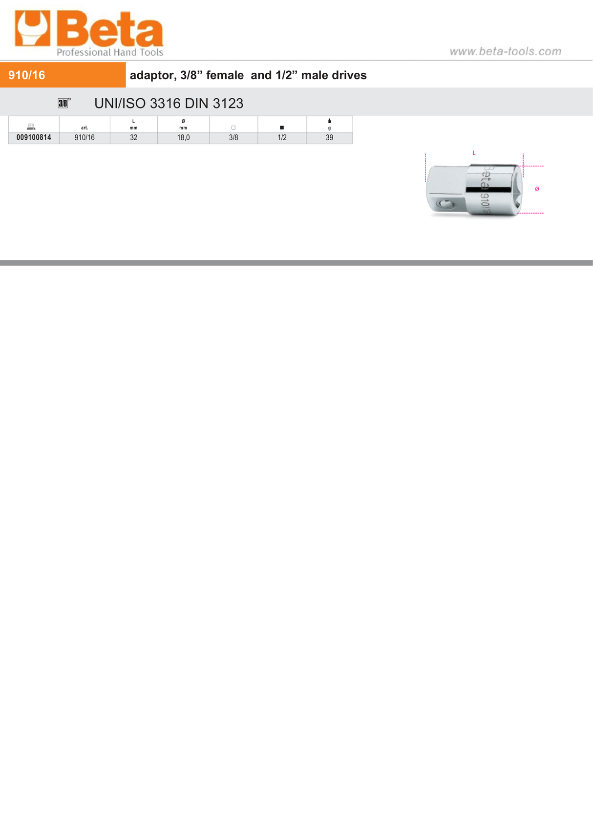 Adaptor 3/8" Female to 1/2" Male Drive 32mm - Beta Tools 910/16 - Image 2
