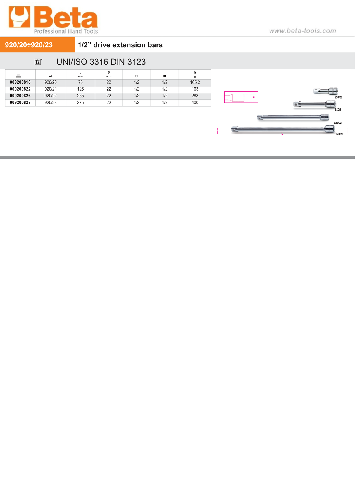 1/2" Drive Extension Bar 125mm - Beta Tools 920/21 - Image 2