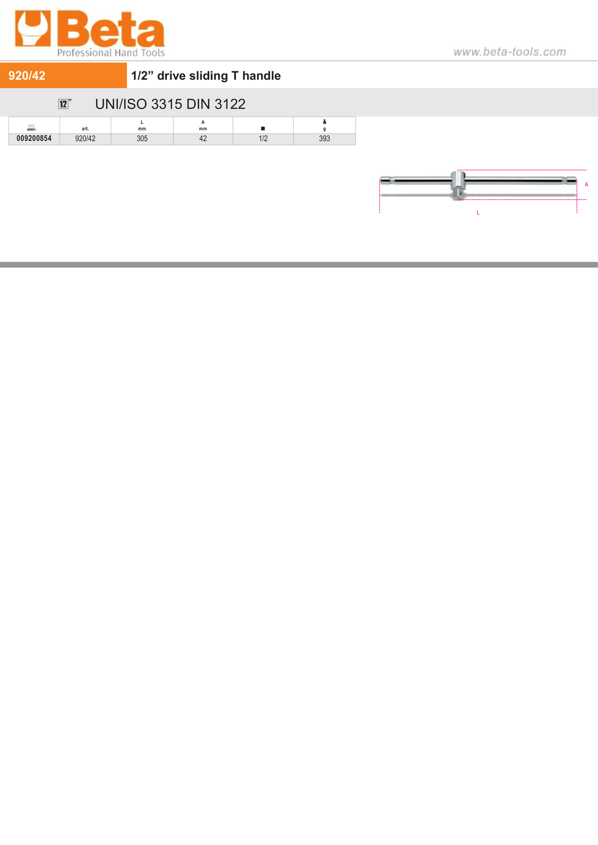 1/2" Drive Sliding T-Handle 305mm - Beta Tools 920/42 - Image 2