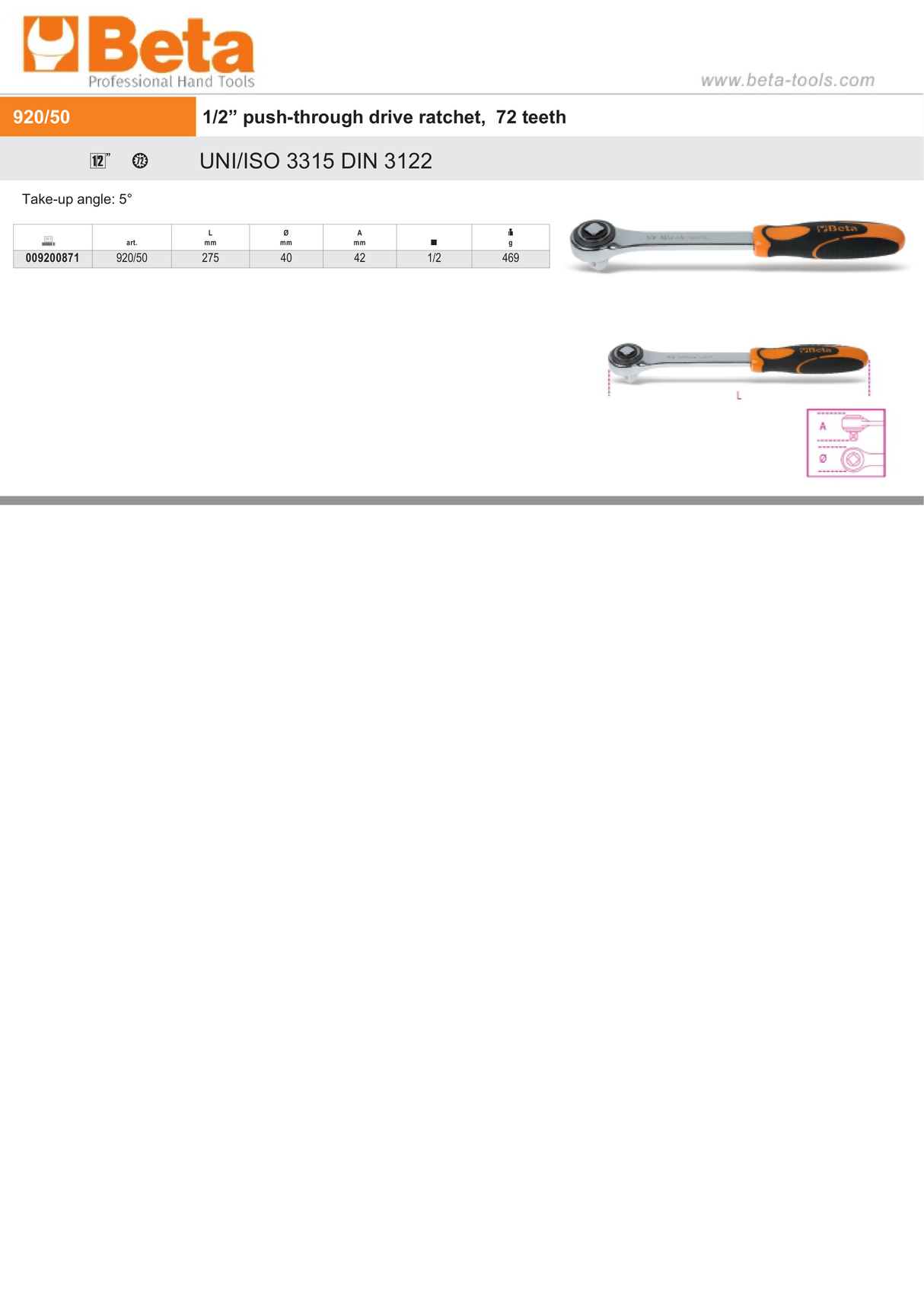 1/2" Push-Through Drive Ratchet 72 Teeth 275mm - Beta Tools 920/50 - Image 4