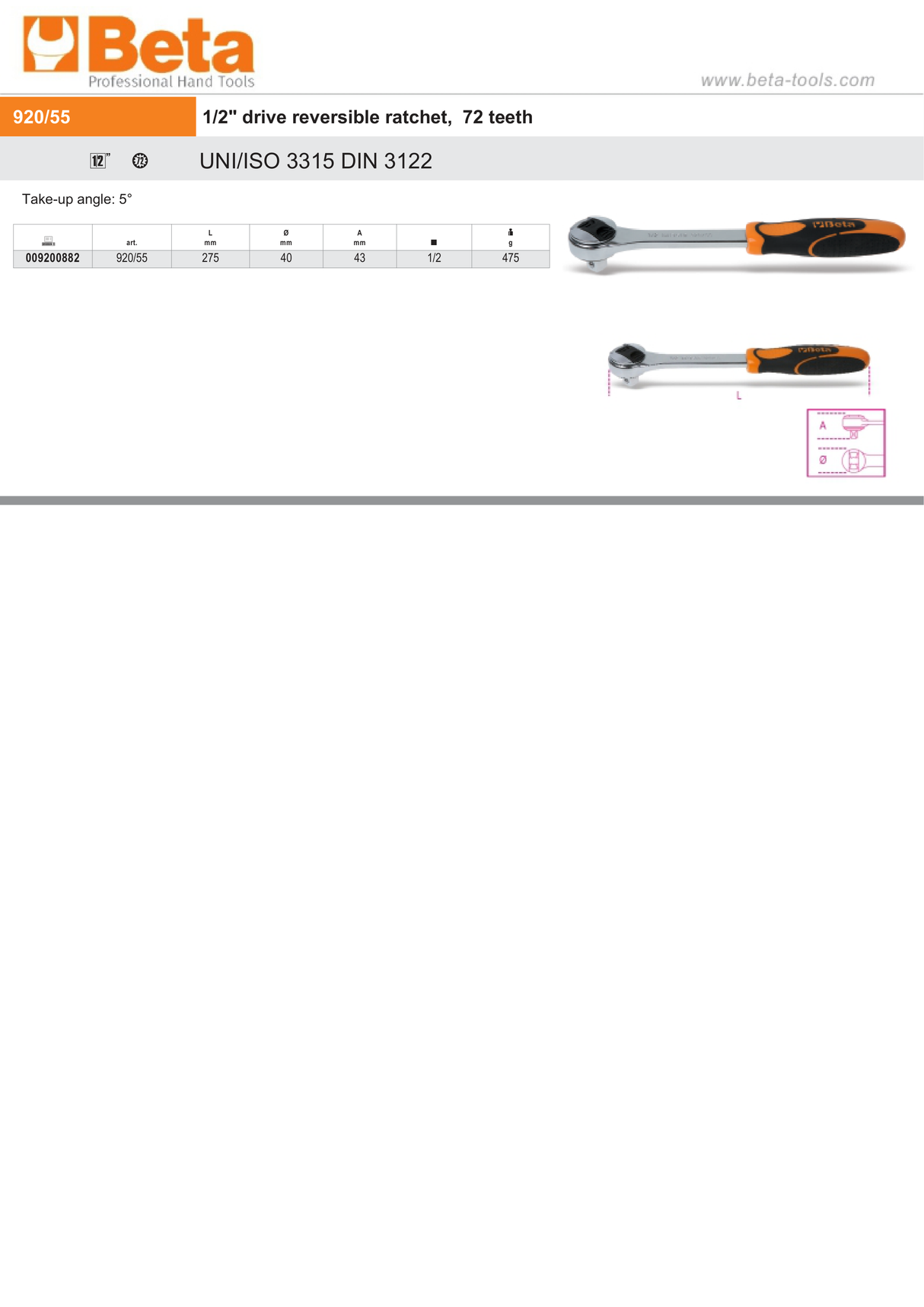 1/2" Drive Reversible Ratchet 72 Teeth 275mm - Beta Tools 920/55 - Image 4