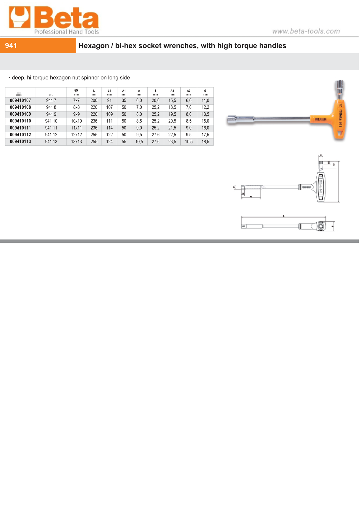 Hexagon/Bi-Hex Socket Wrench with High Torque Handle 11mm - Beta Tools 941 11 - Image 3