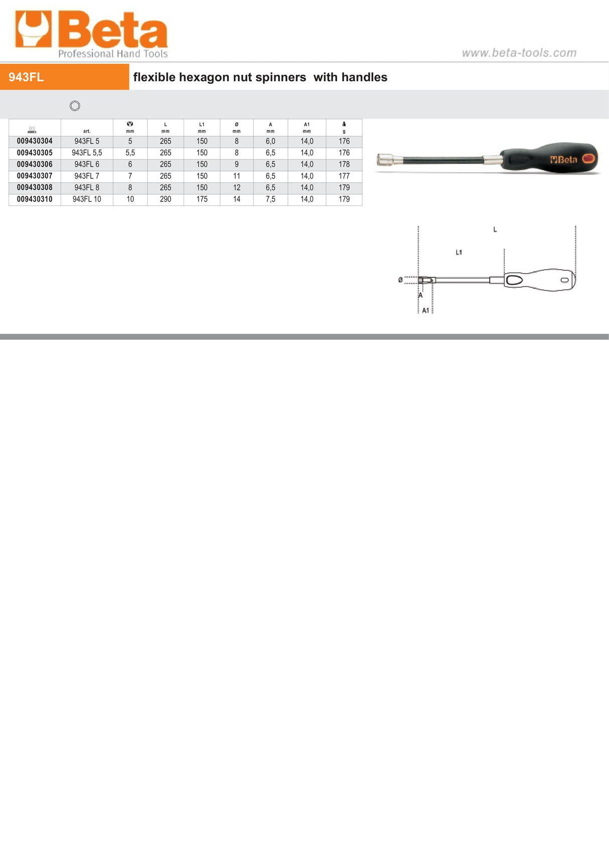 Flexible Hexagon Nut Spinner with Handle 8mm - Beta Tools 943FL 8 - Image 3