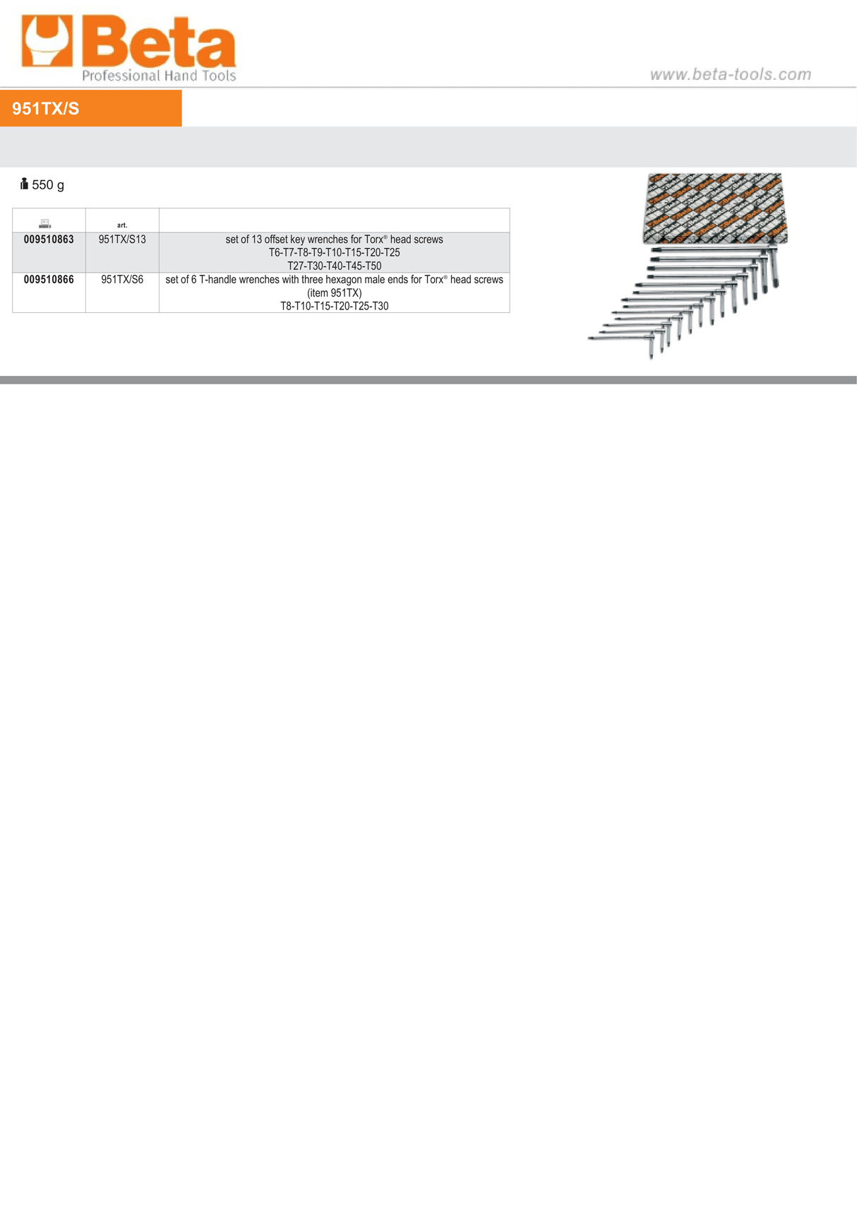 Set of 6 T-Handle Wrenches with Three Hexagon Male Ends for Torx Head Screws T8 - T30 - Beta Tools 951TX/S6 - Image 3