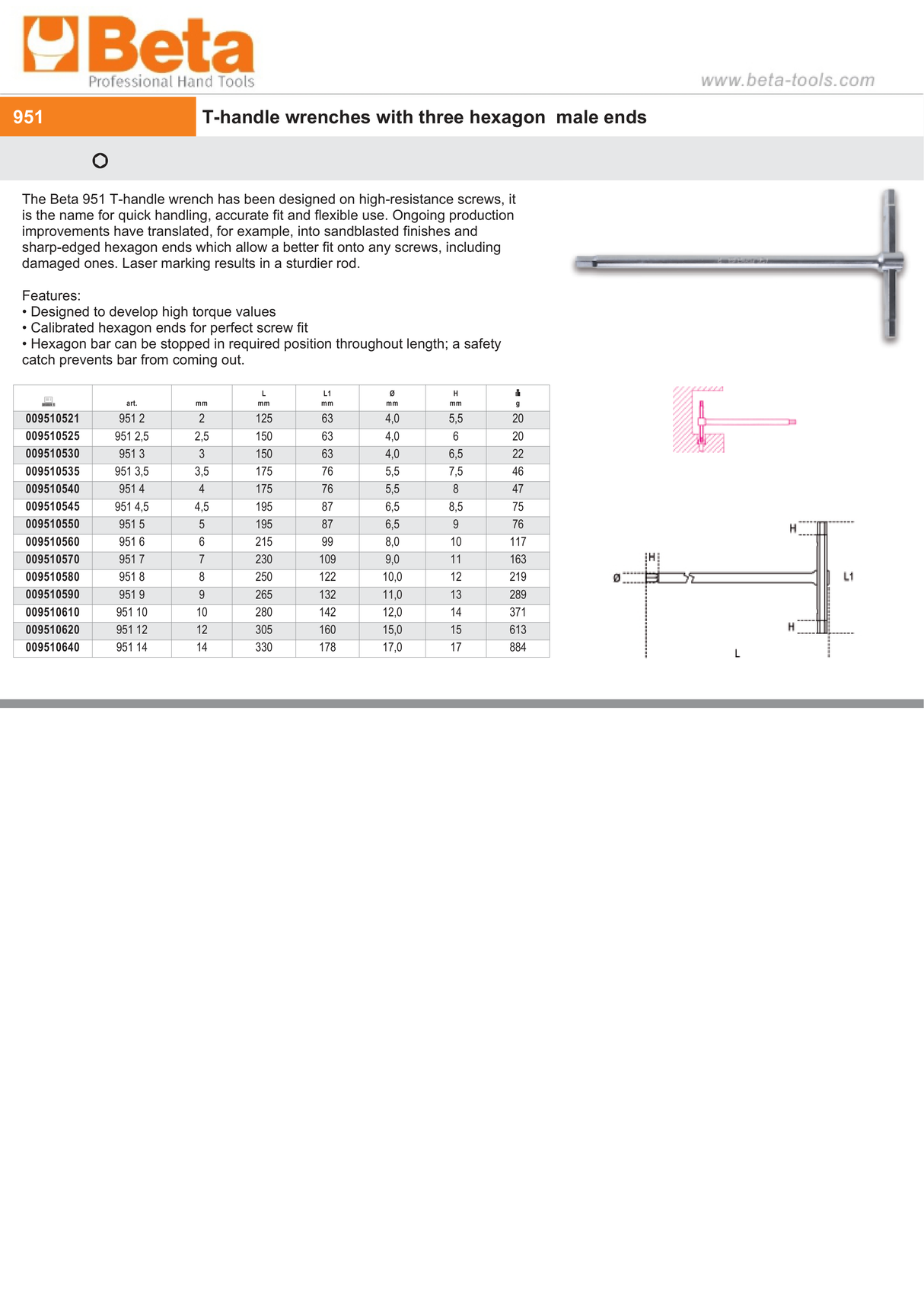 T-Handle Wrench with Three Hexagon Male Ends 2mm - Beta Tools 951 2 - Image 4