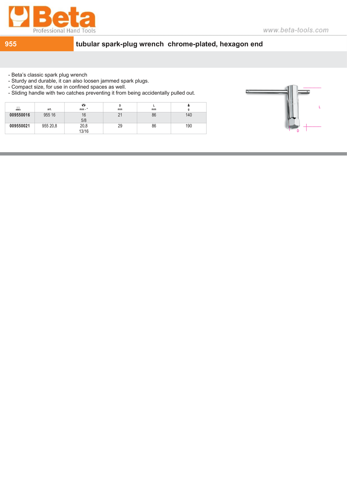 Tubular Spark-Plug Wrench Chrome-Plated Hexagon End 16mm - Beta Tools 955 16 - Image 2