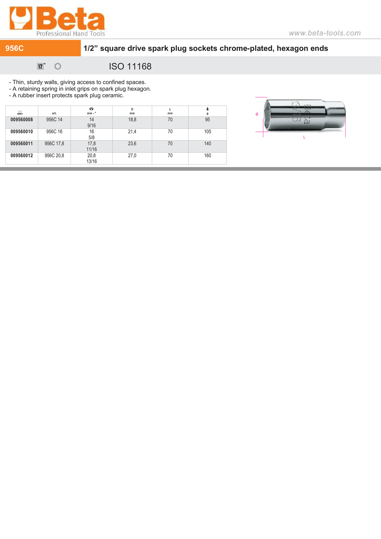 1/2" Square Drive Spark Plug Socket Chrome-Plated Hexagon End 14mm - Beta Tools 956C 14 - Image 2